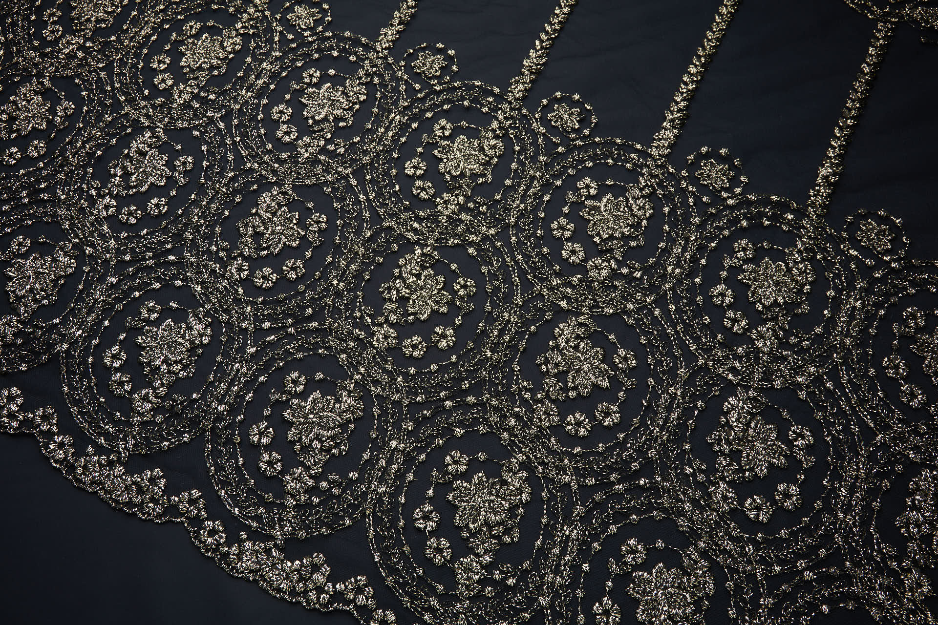 Floral Medallion Black and Gold Embroidery on Black Illusion Tulle fabric, image 7 of 18