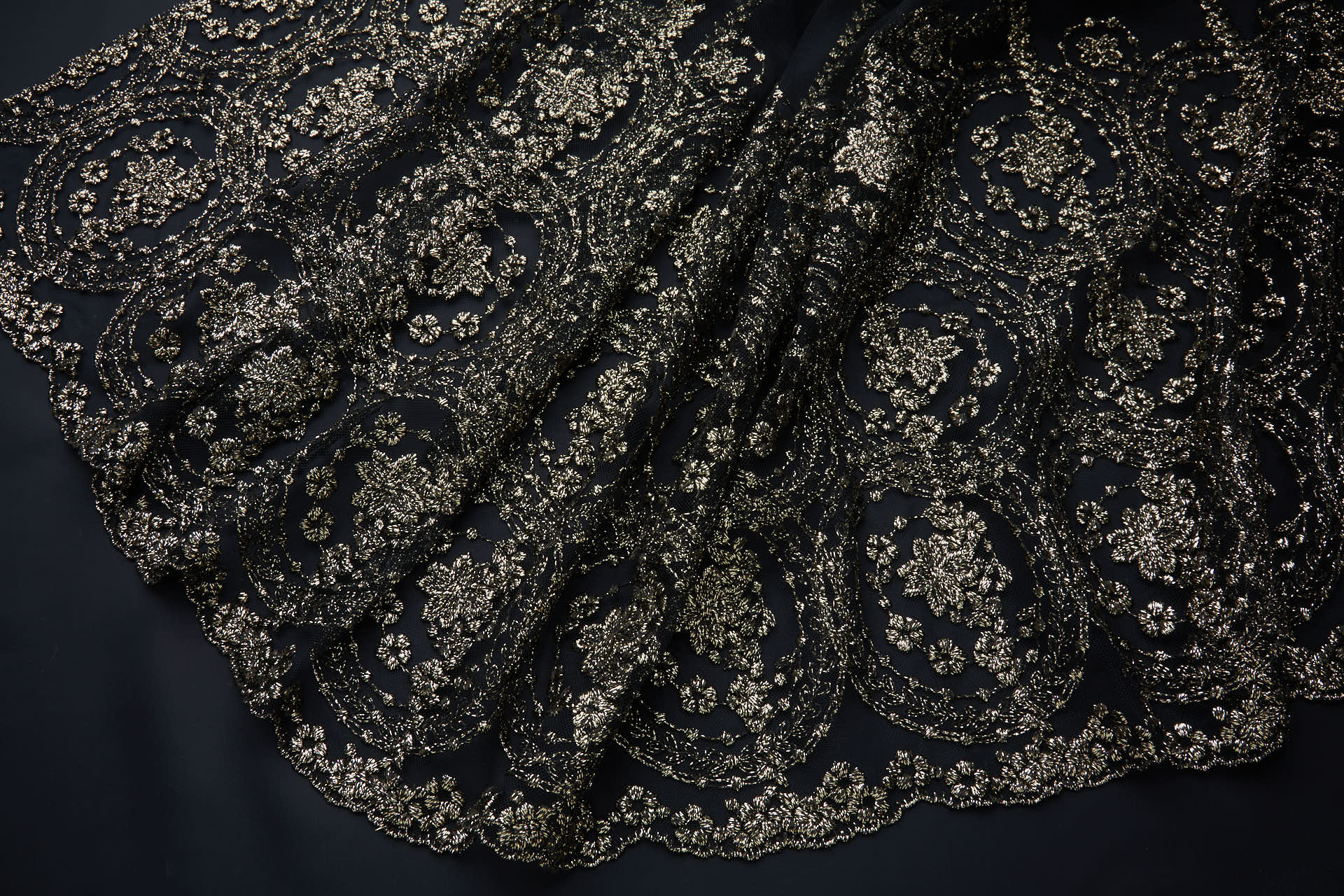 Floral Medallion Black and Gold Embroidery on Black Illusion Tulle fabric, image 14 of 18