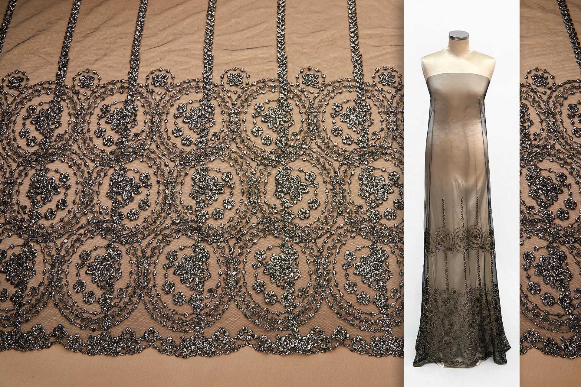 Floral Medallion Black and Gold Embroidery on Black Illusion Tulle fabric