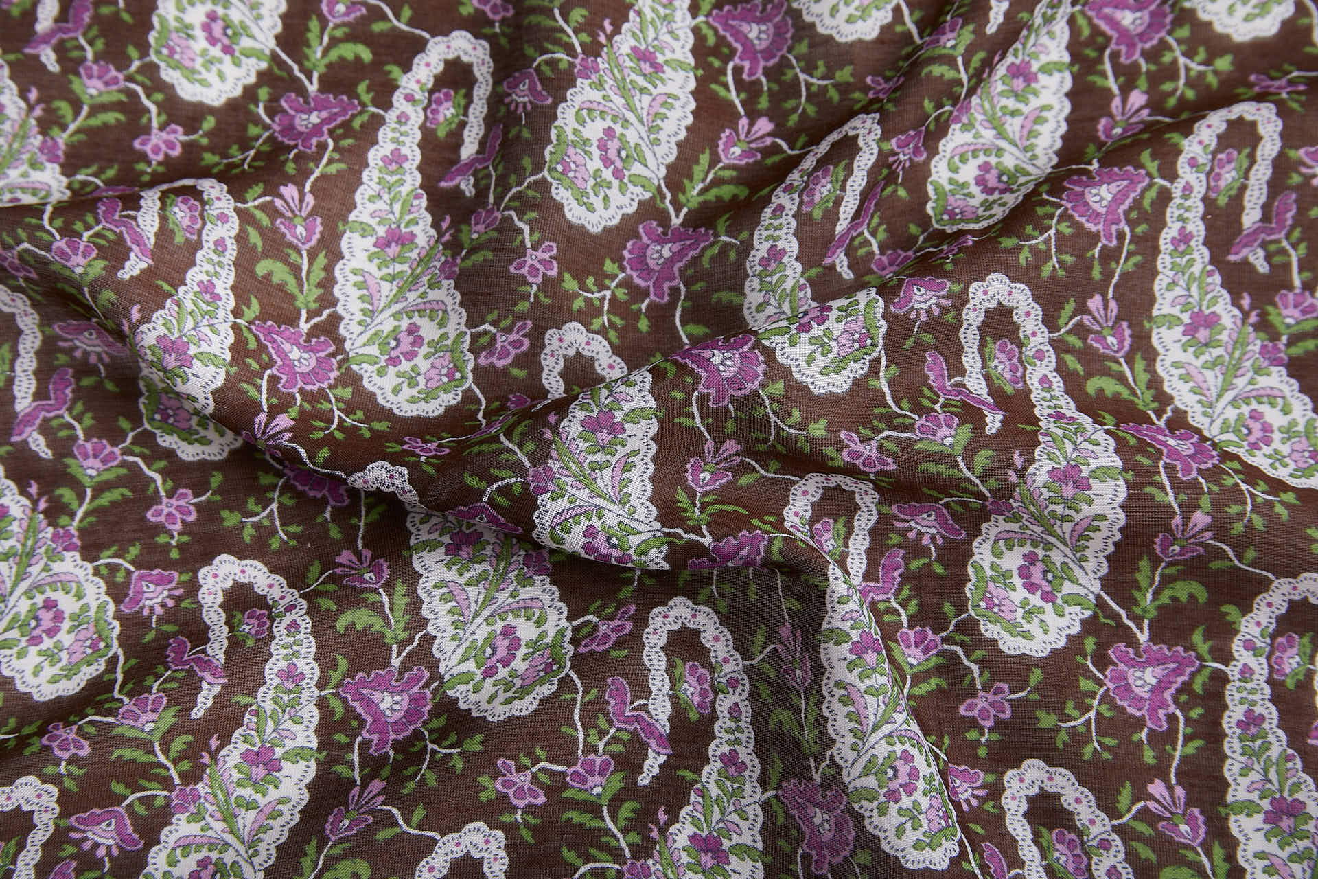 Paisley Printed Cotton Voile - Brown/Purple fabric