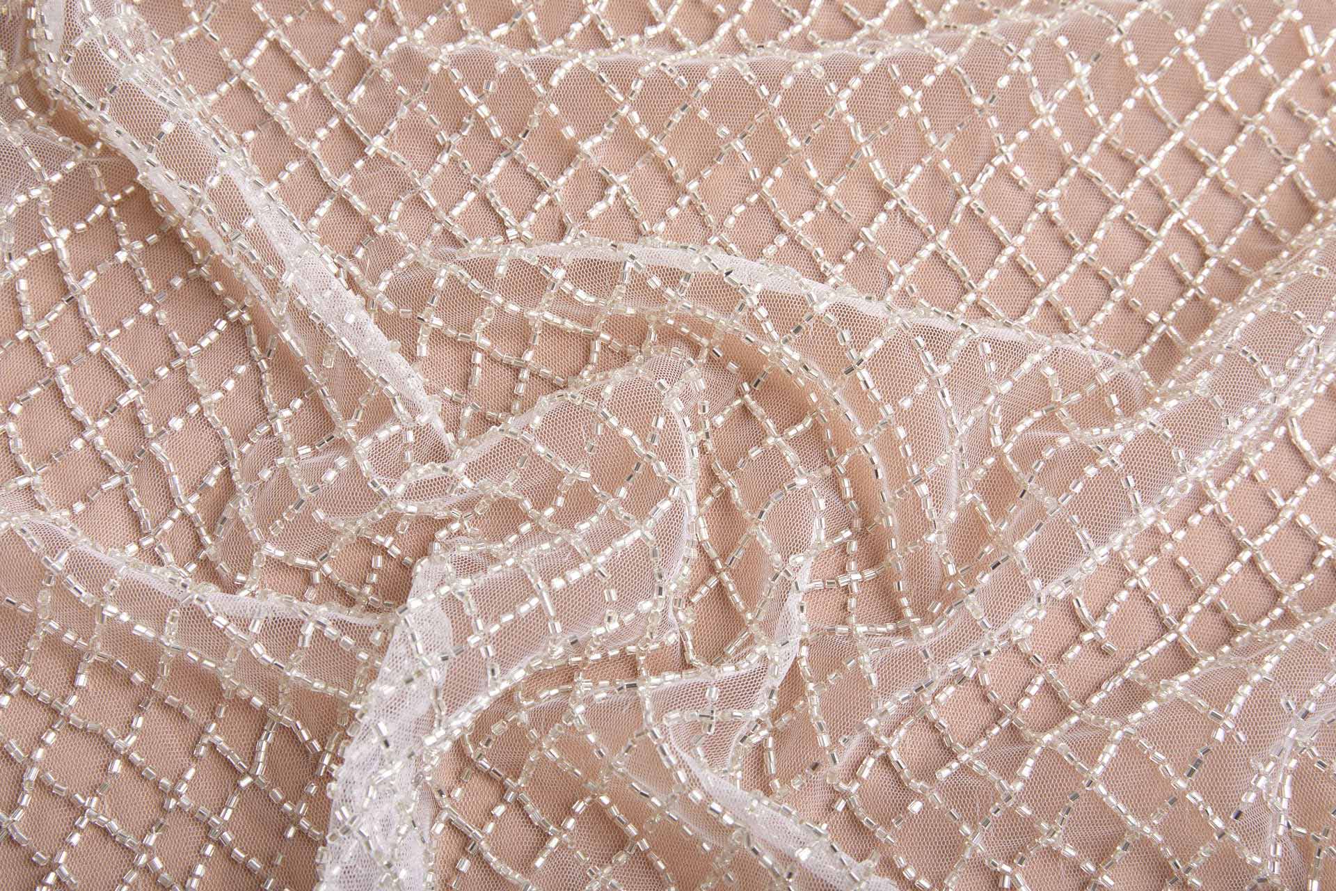 Warm Silver Beaded Fishnet Design on White Tulle fabric, image 2 of 9