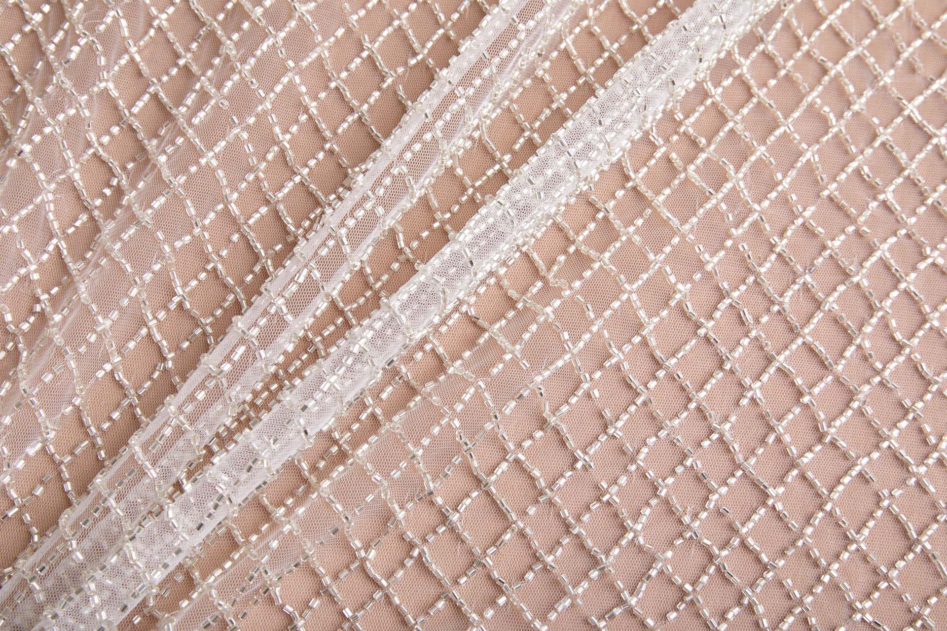 Warm Silver Beaded Fishnet Design on White Tulle fabric, image 6 of 9