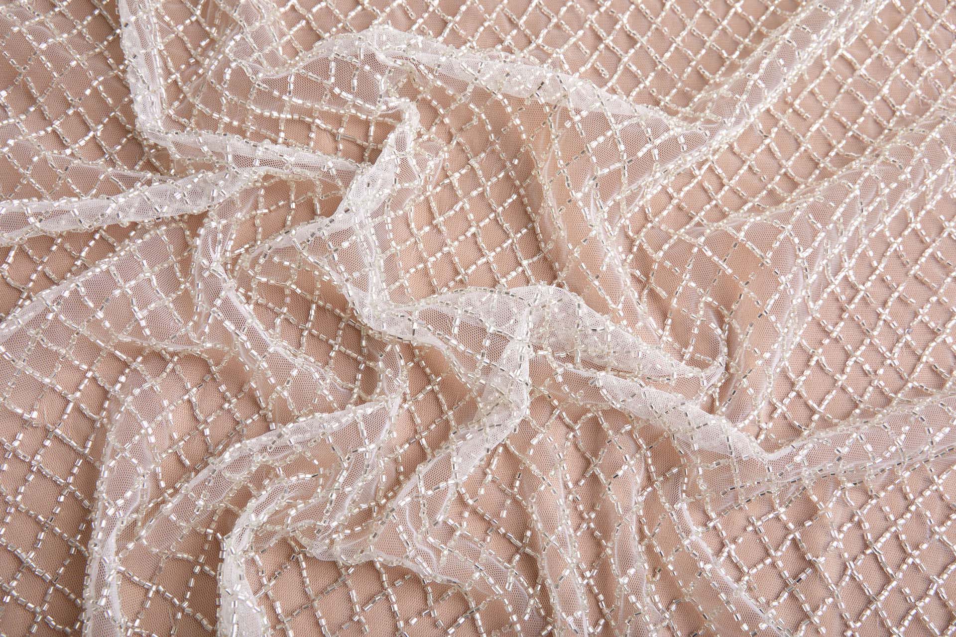 Warm Silver Beaded Fishnet Design on White Tulle fabric, image 7 of 9