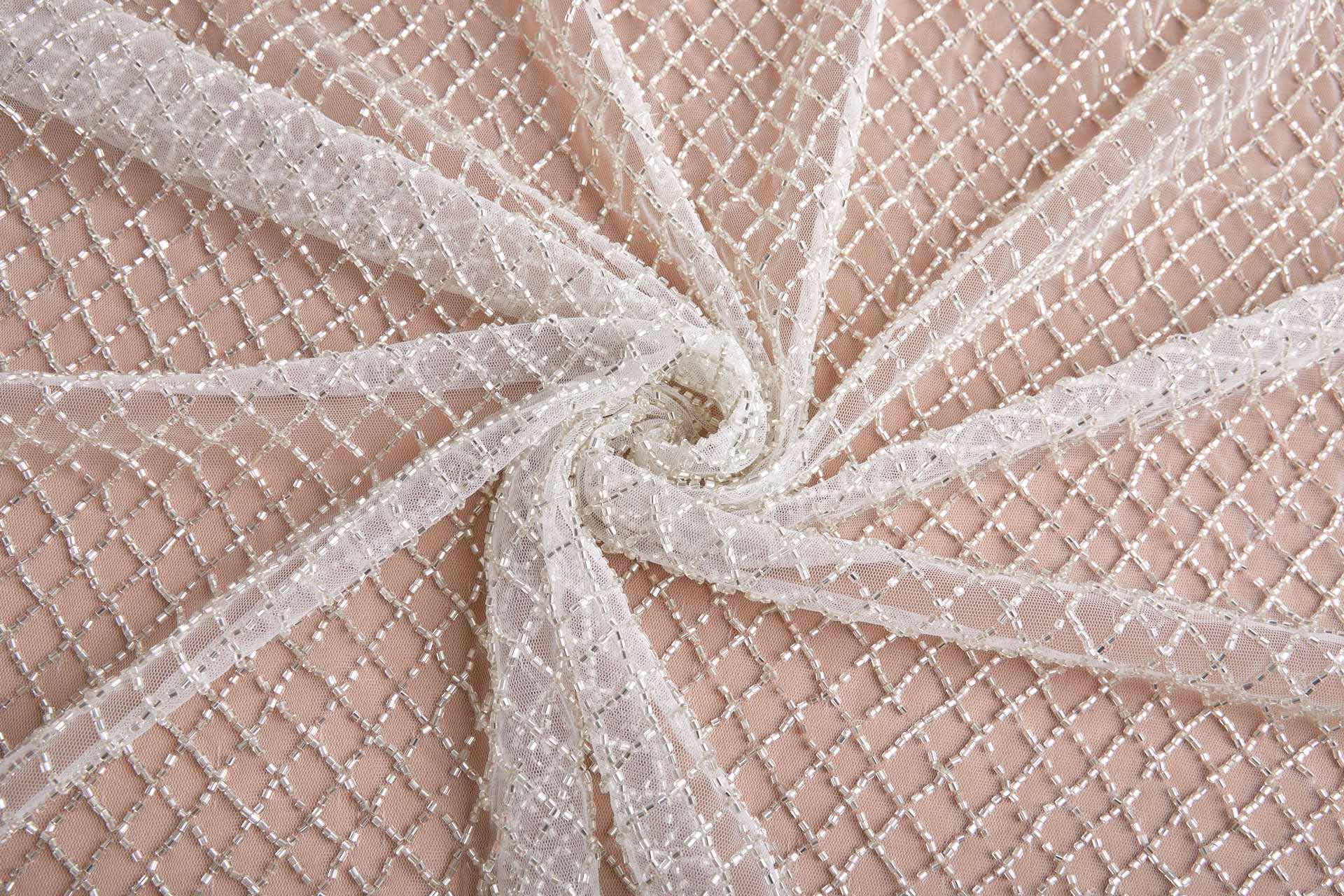 Warm Silver Beaded Fishnet Design on White Tulle fabric, image 4 of 9