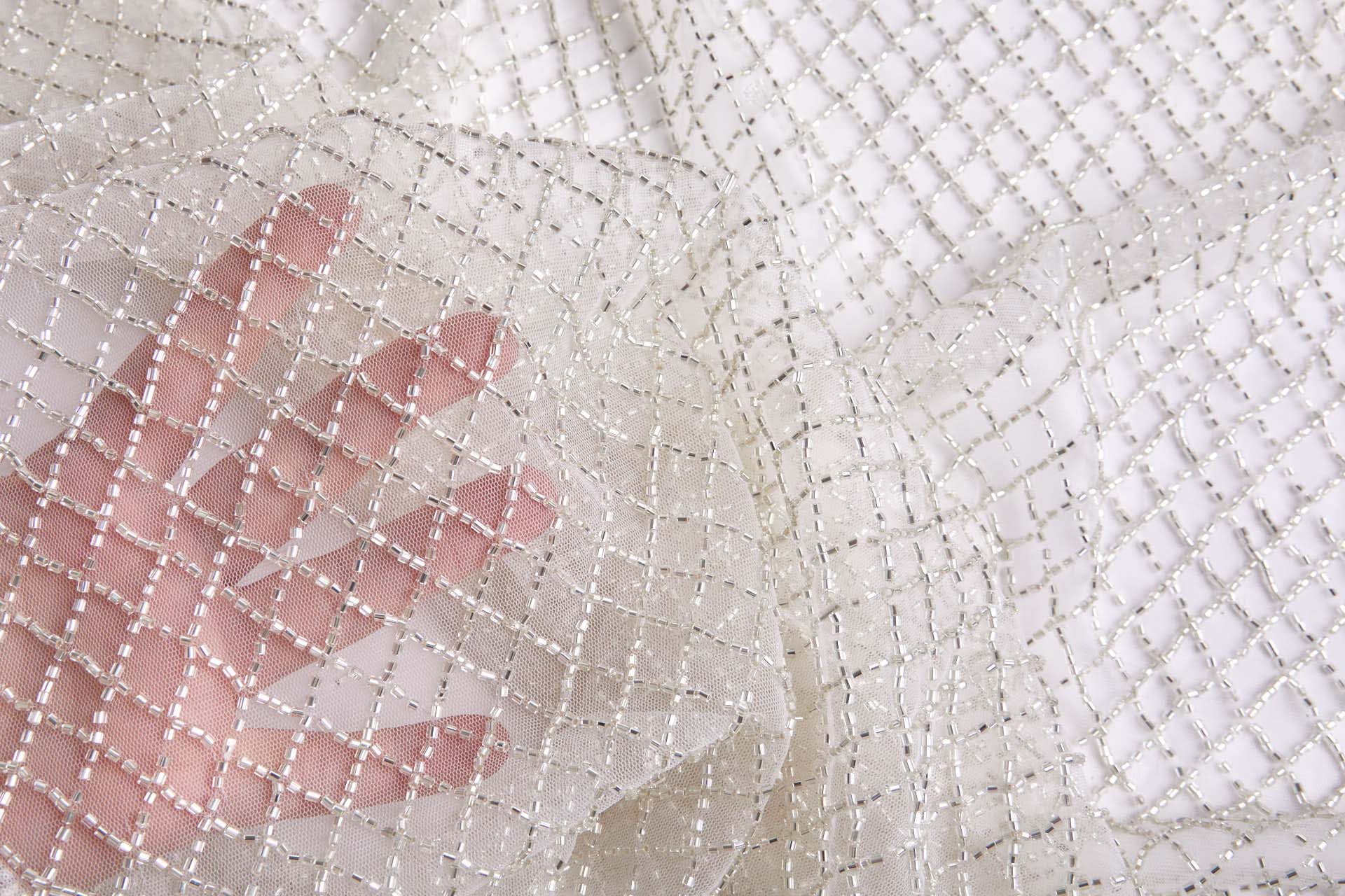 Warm Silver Beaded Fishnet Design on White Tulle fabric, image 3 of 9