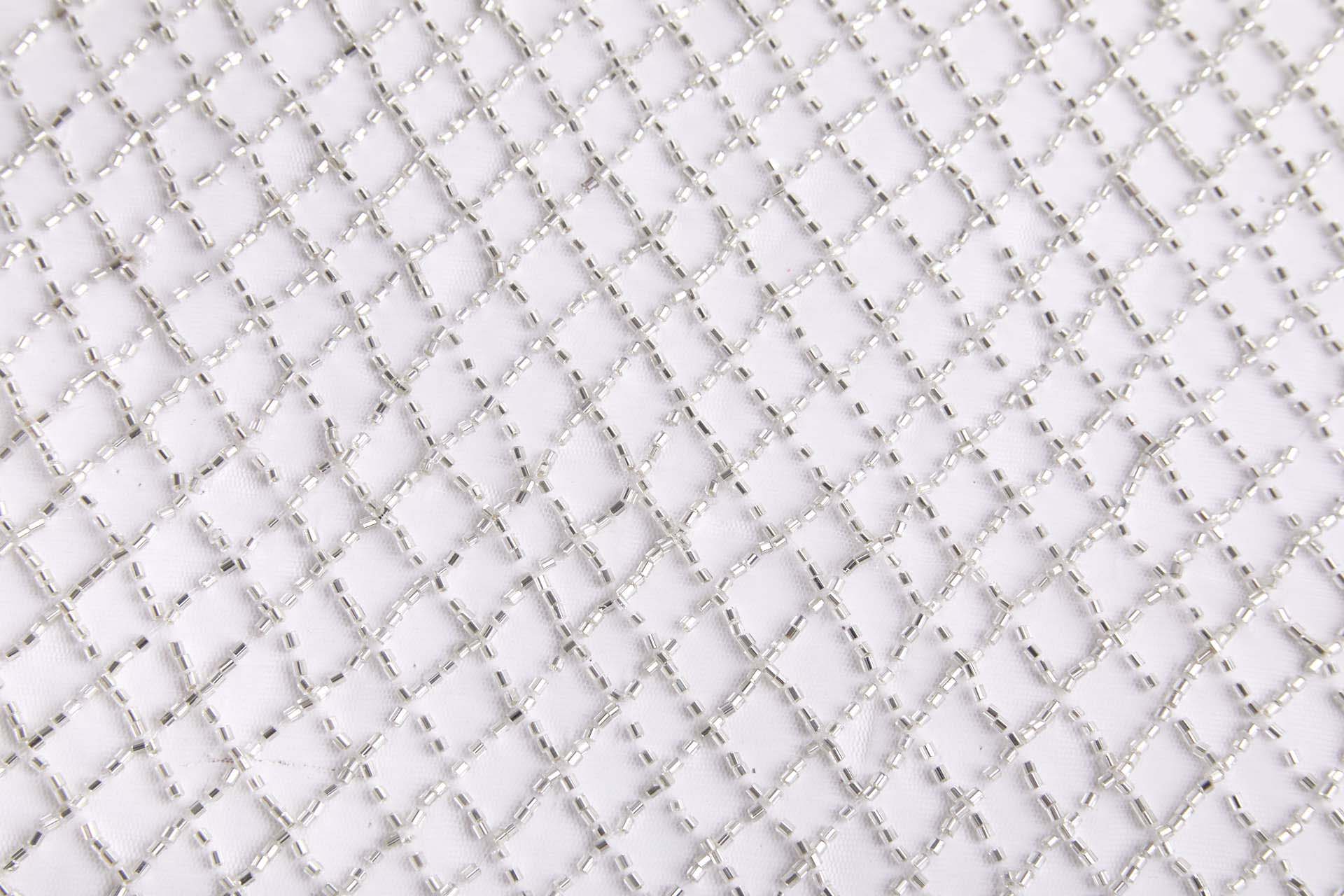 Warm Silver Beaded Fishnet Design on White Tulle fabric, image 5 of 9