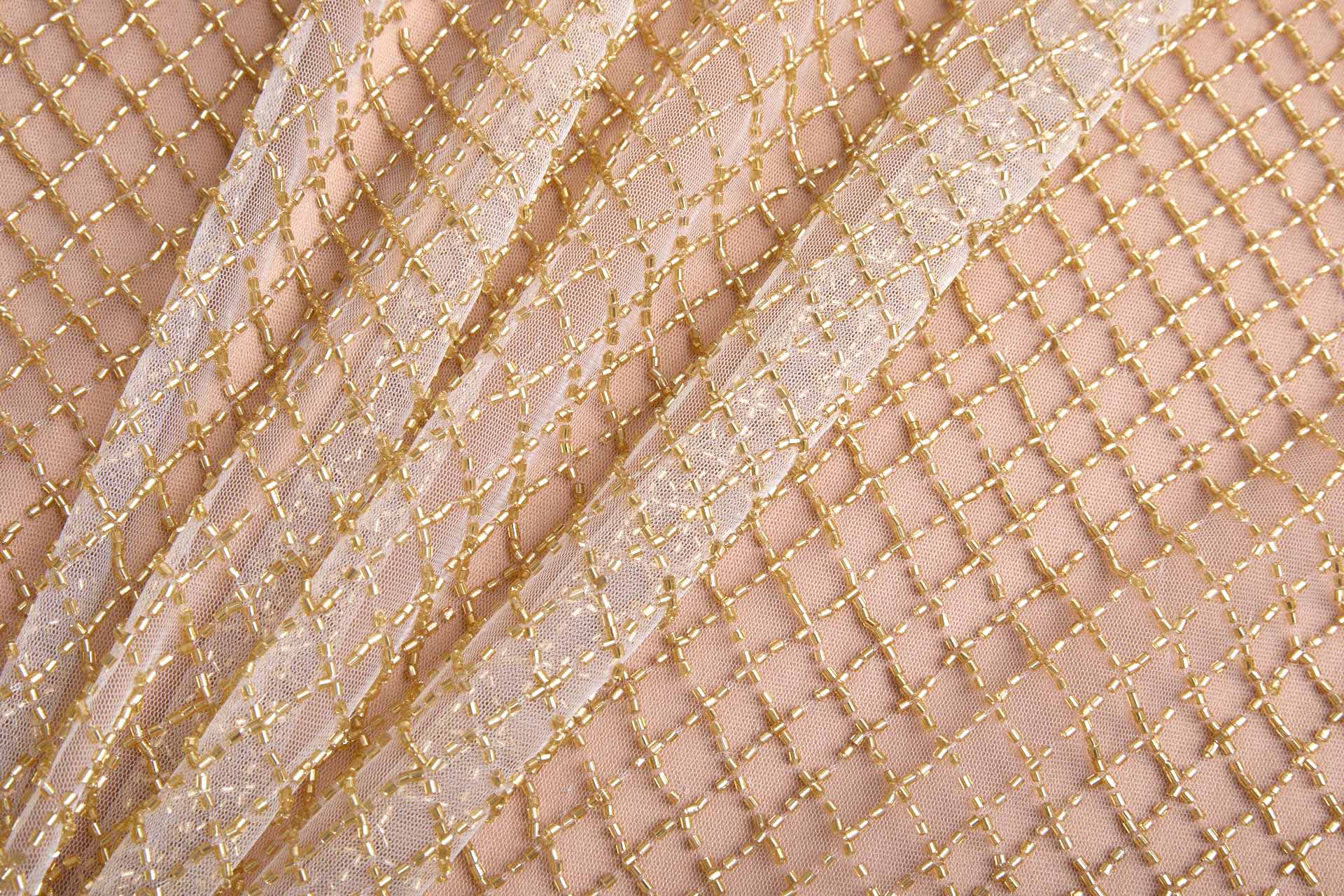 Gold Beaded Fishnet Design on Ivory Tulle fabric, image 3 of 10