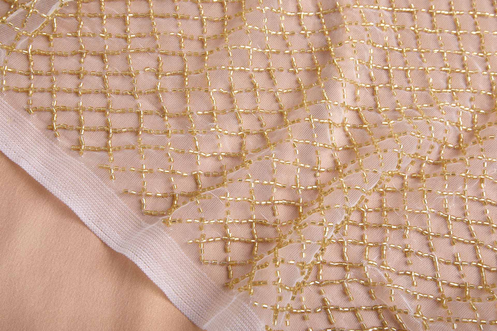 Gold Beaded Fishnet Design on Ivory Tulle fabric