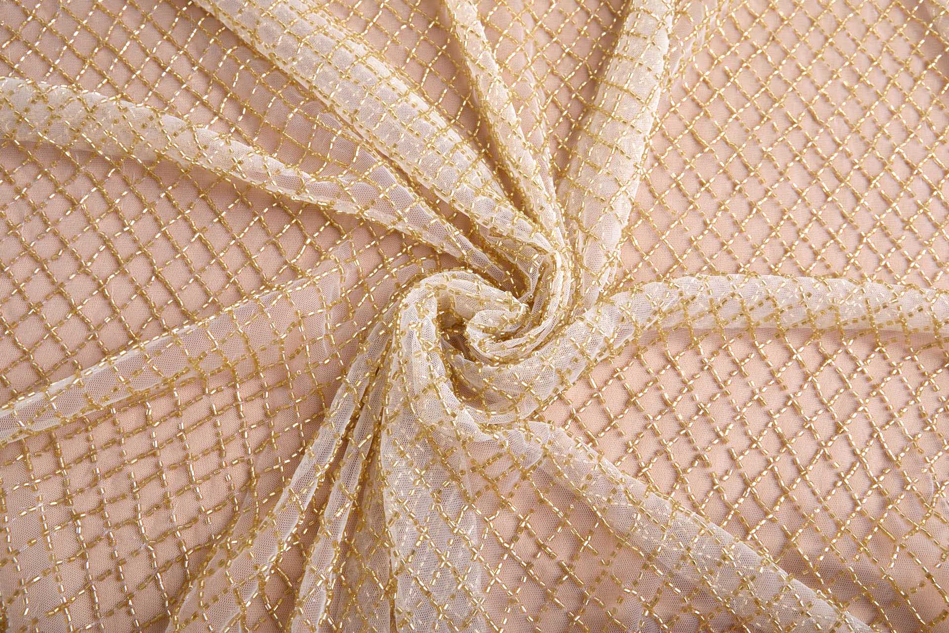 Gold Beaded Fishnet Design on Ivory Tulle fabric, image 8 of 10