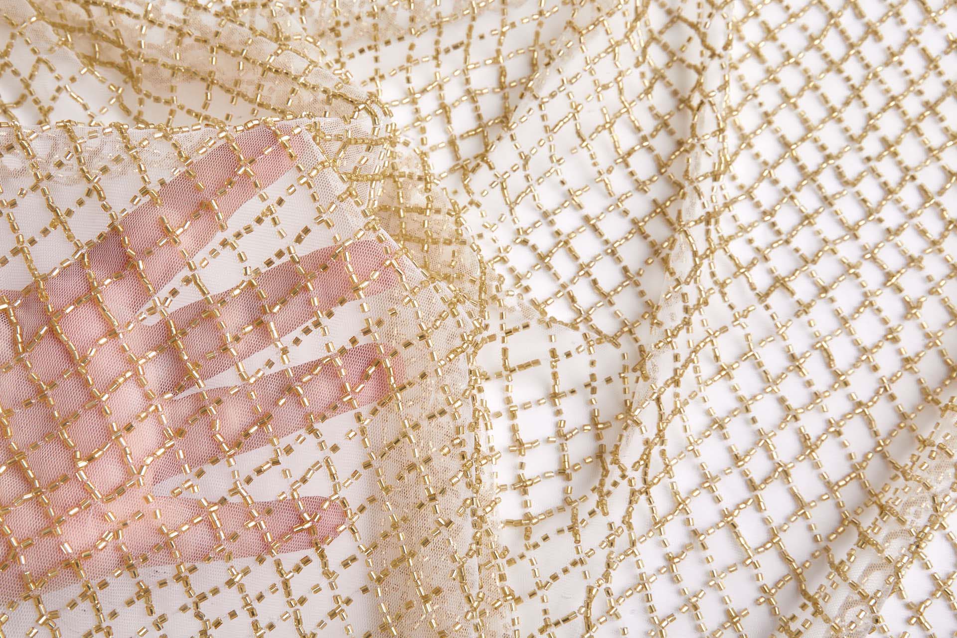 Gold Beaded Fishnet Design on Ivory Tulle fabric, image 4 of 10