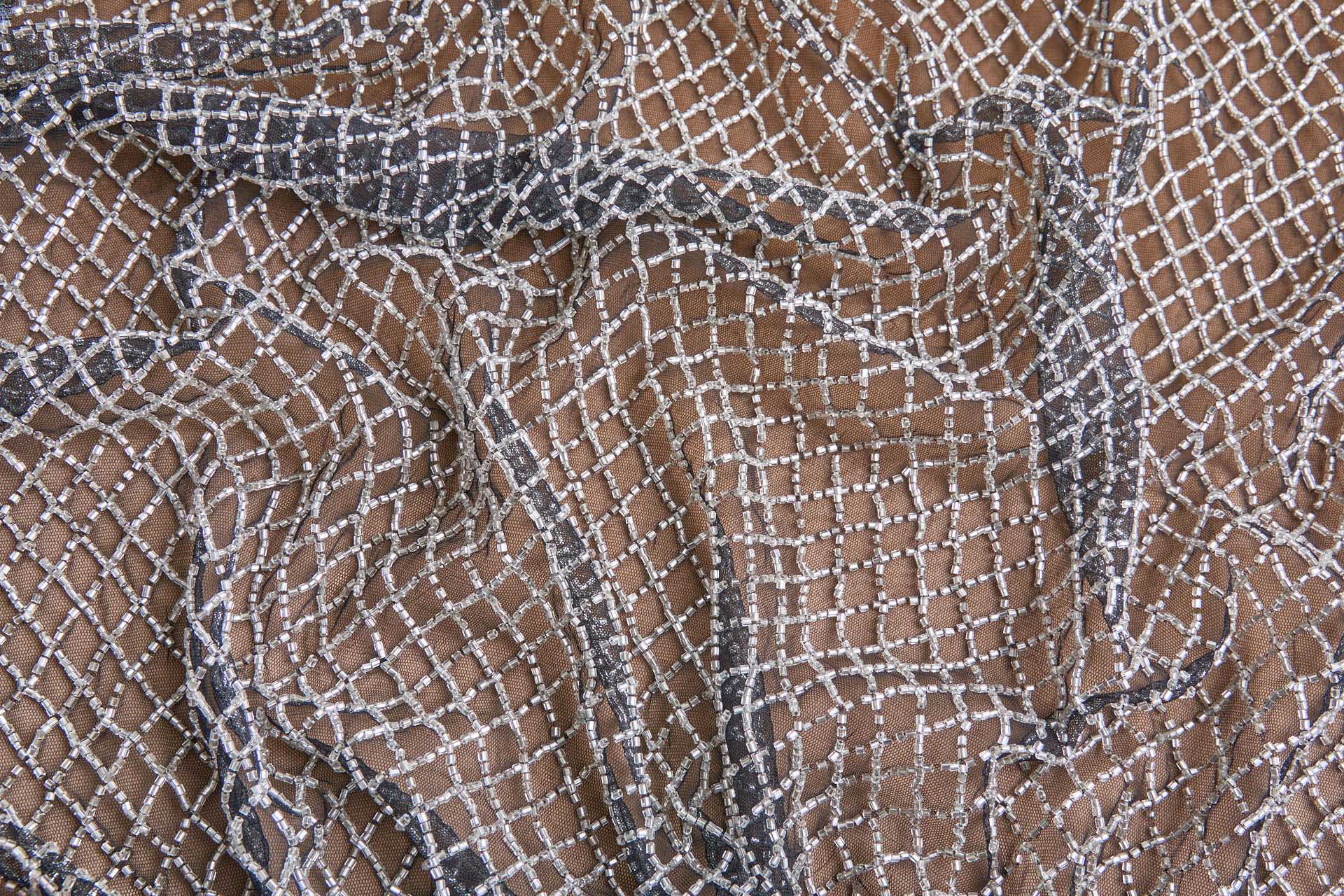 Cool Silver Beaded Fishnet Design on Black Tulle fabric, image 5 of 9