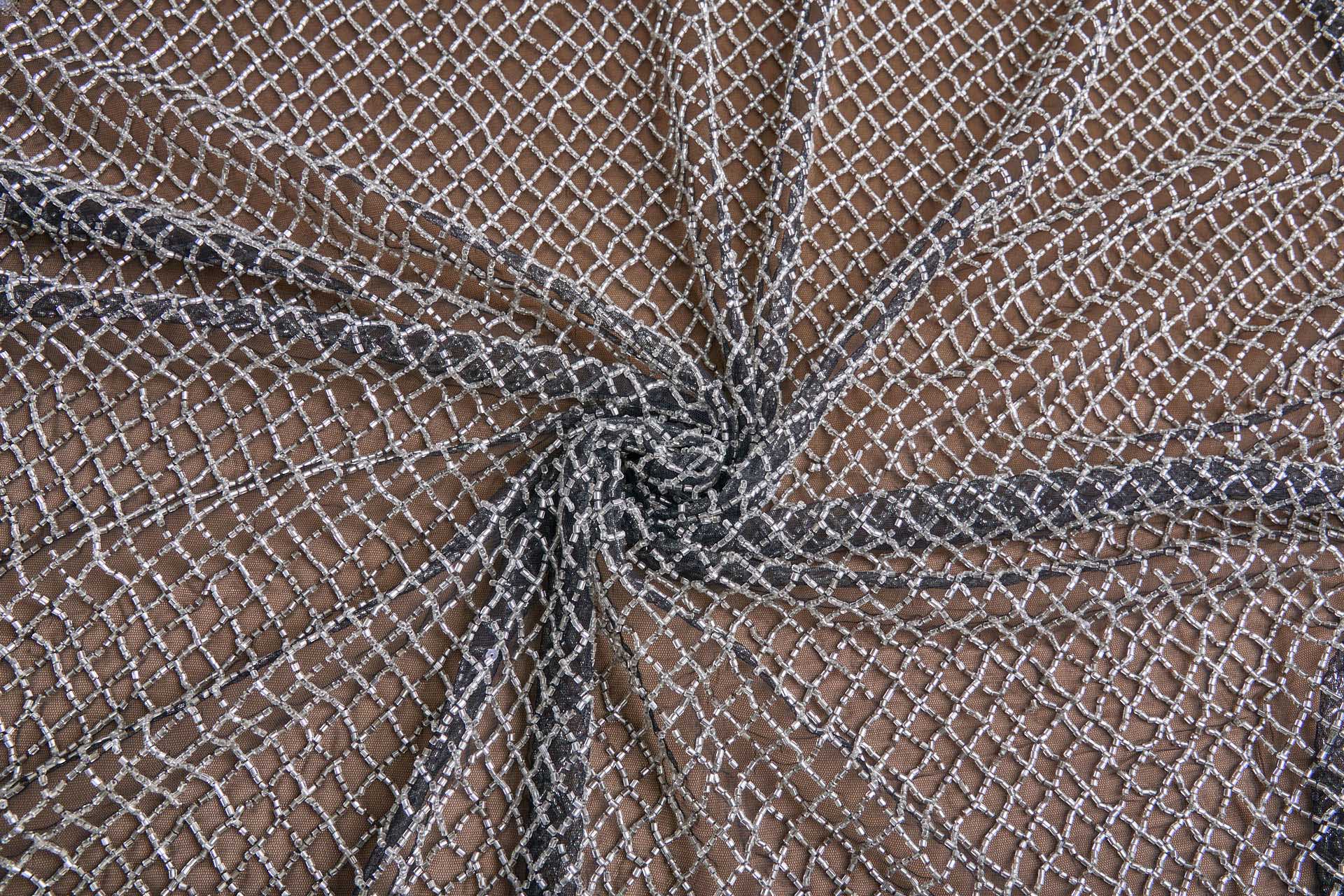 Cool Silver Beaded Fishnet Design on Black Tulle fabric, image 6 of 9
