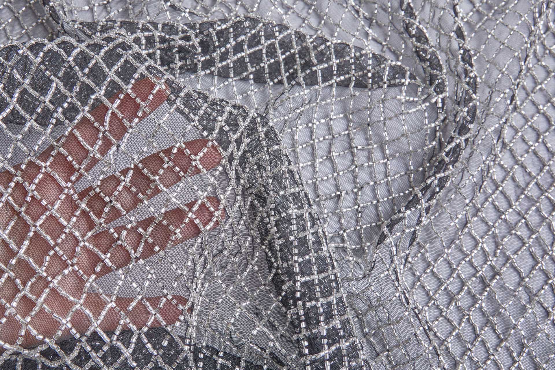 Cool Silver Beaded Fishnet Design on Black Tulle fabric, image 2 of 9