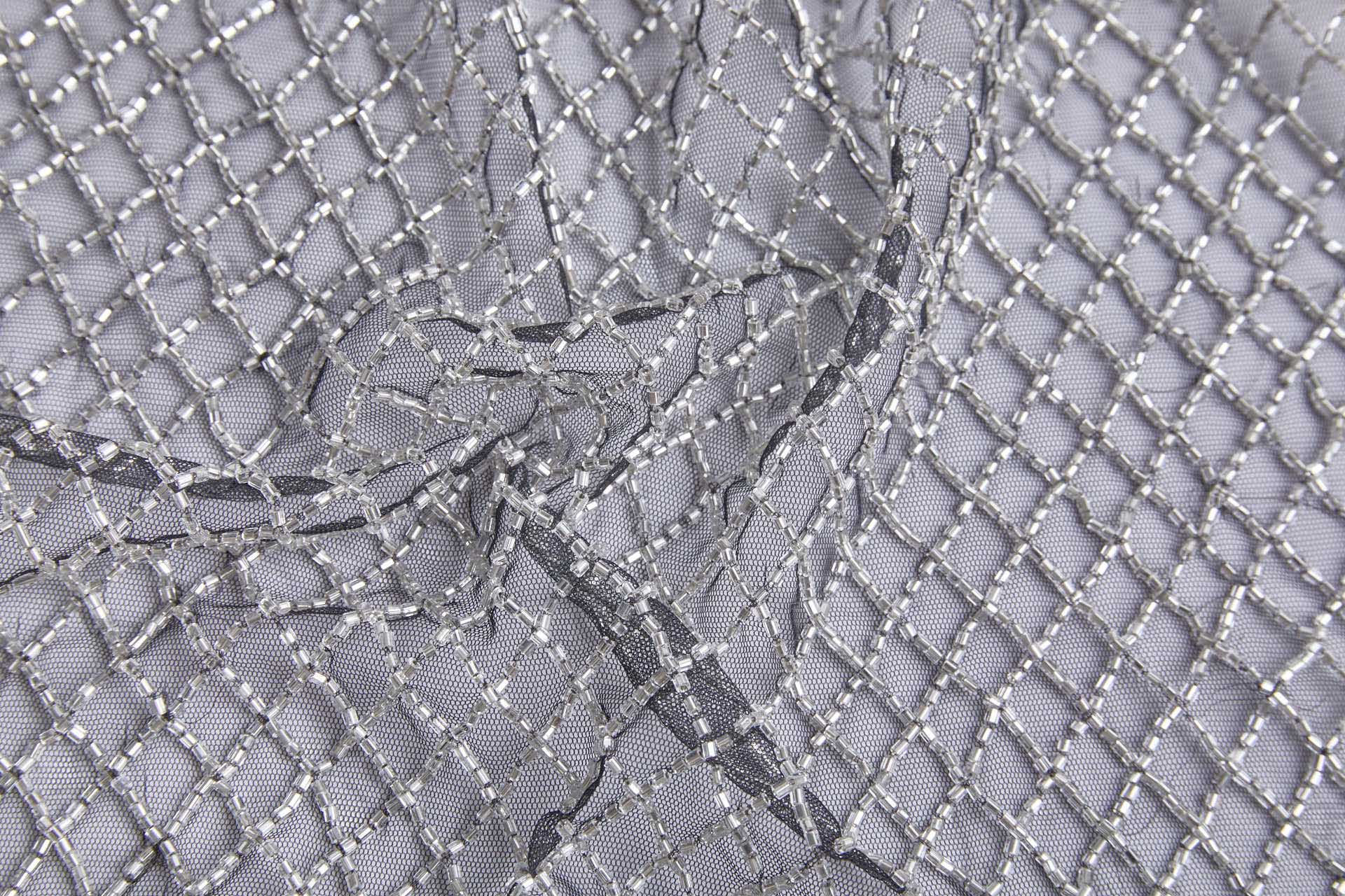 Cool Silver Beaded Fishnet Design on Black Tulle fabric, image 3 of 9