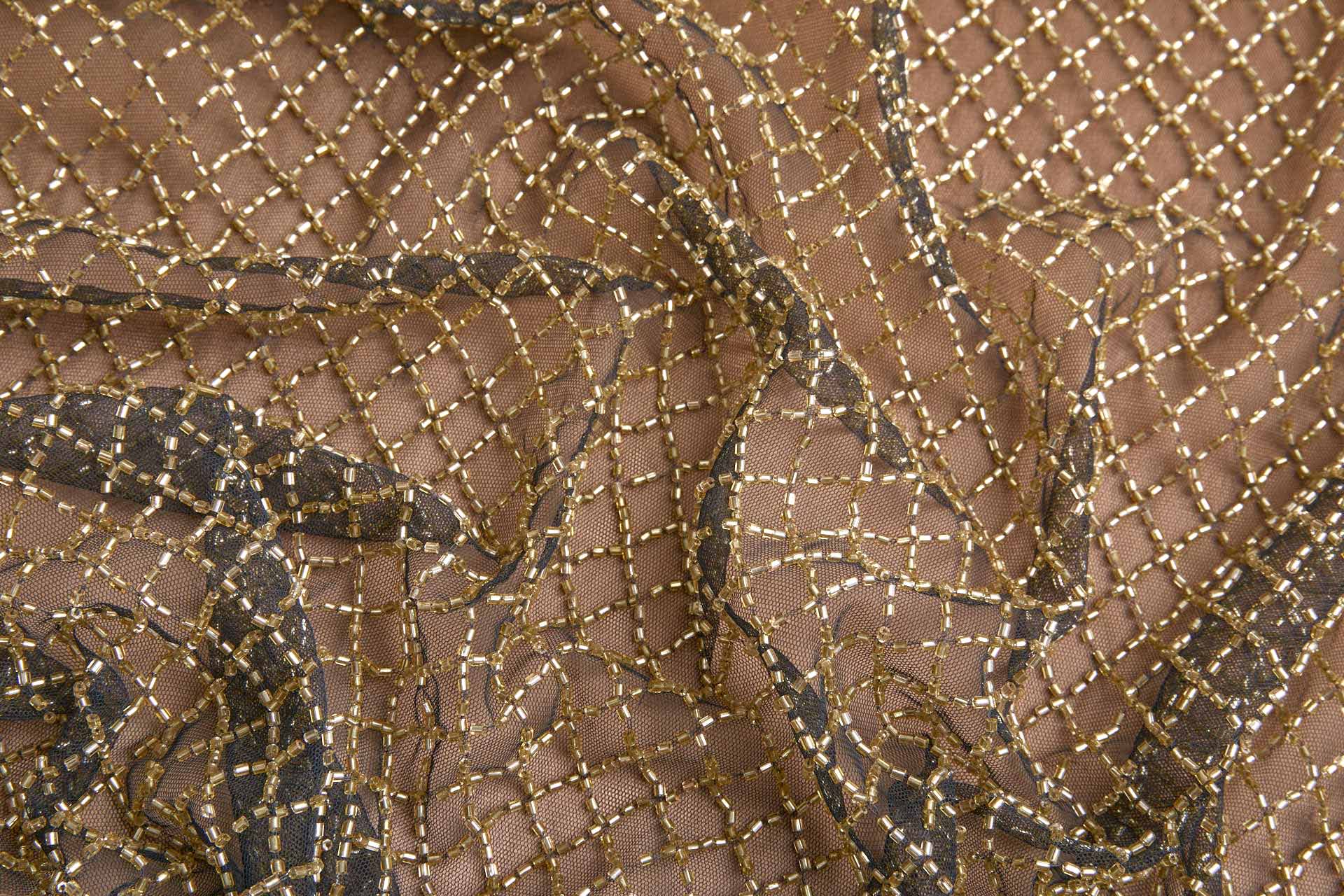 Gold Beaded Fishnet Design on Black Tulle fabric, image 3 of 11