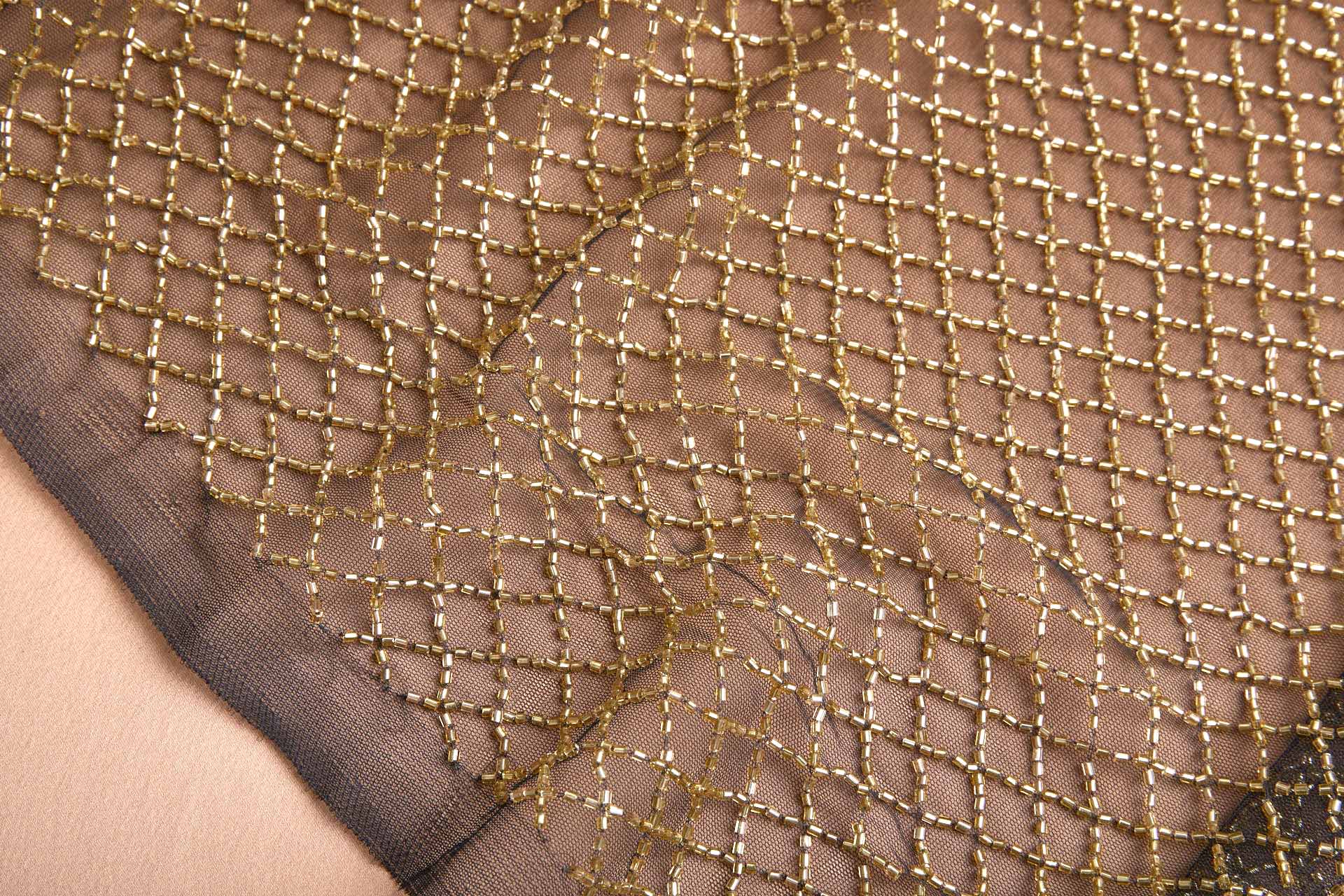 Gold Beaded Fishnet Design on Black Tulle fabric