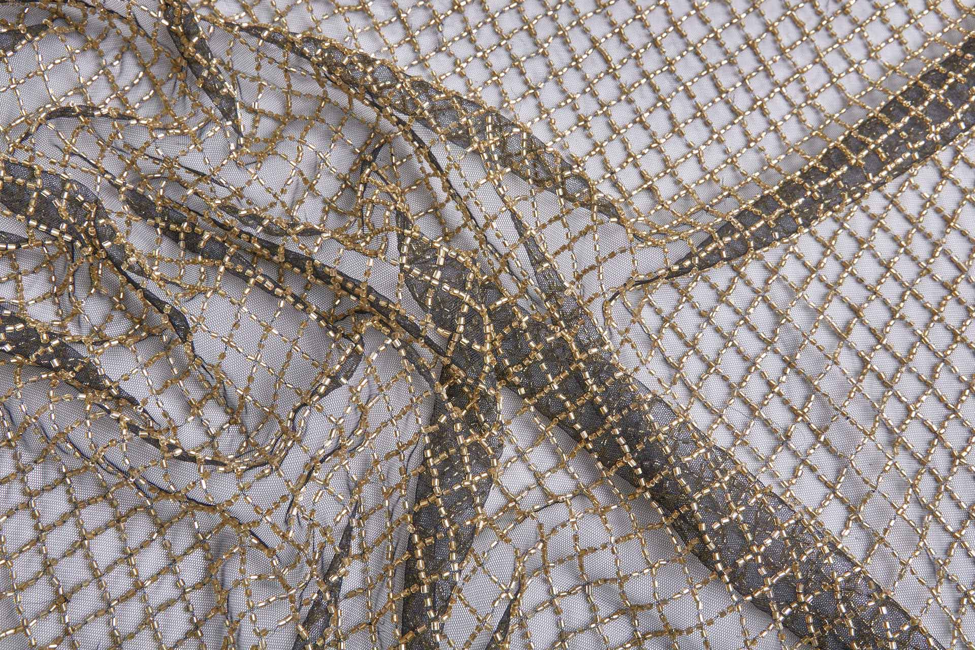 Gold Beaded Fishnet Design on Black Tulle fabric, image 2 of 11