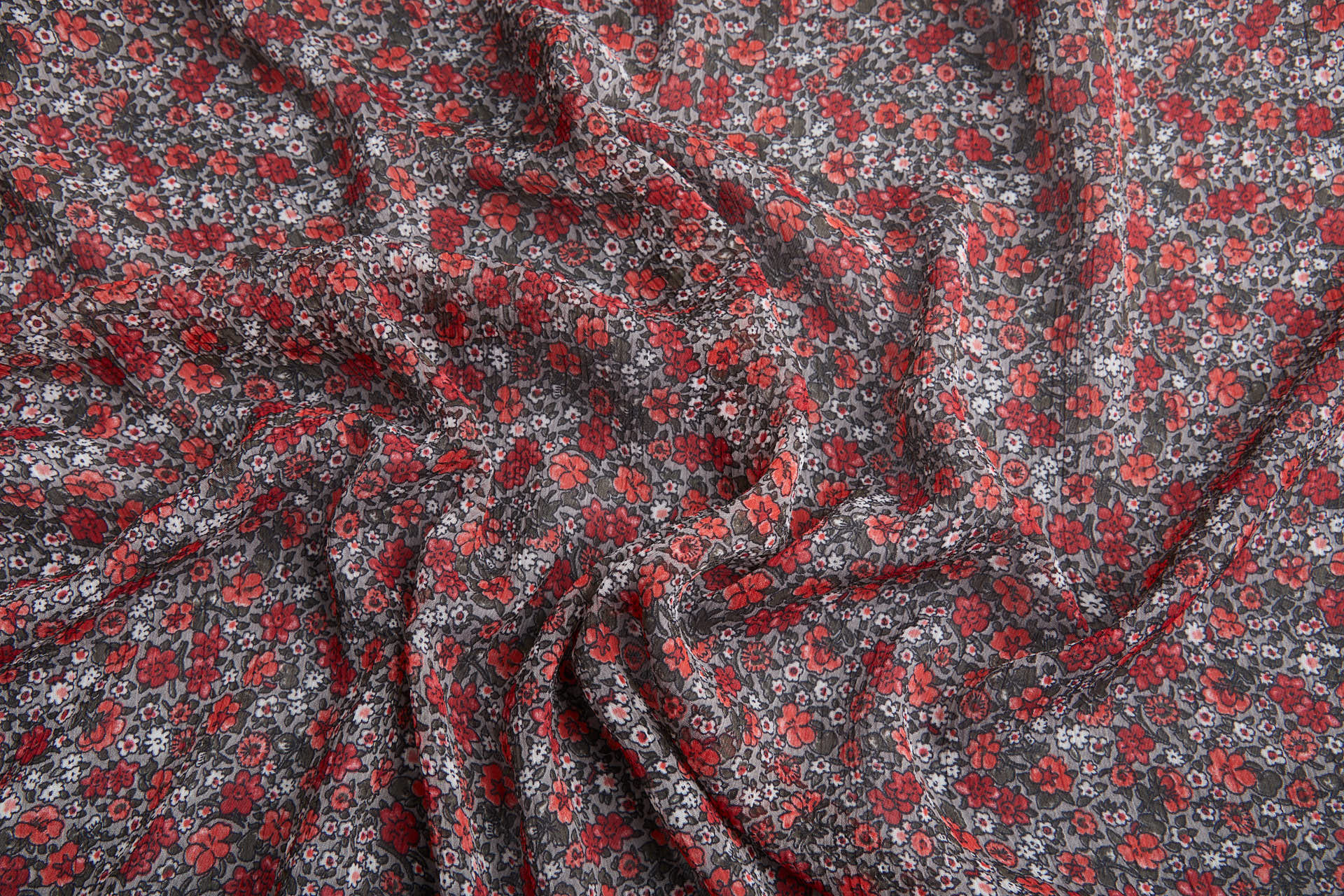 Floral Printed Chiffon - Red on Grey fabric, image 11 of 14