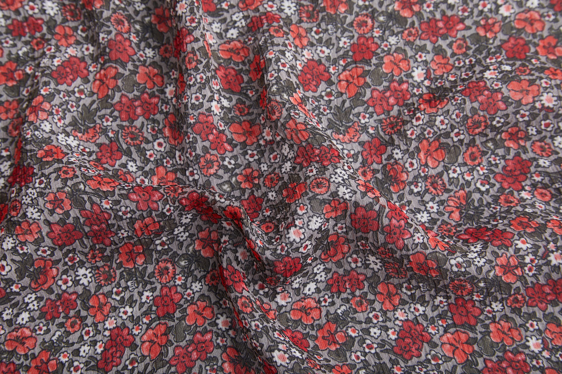 Floral Printed Chiffon - Red on Grey fabric, image 12 of 14