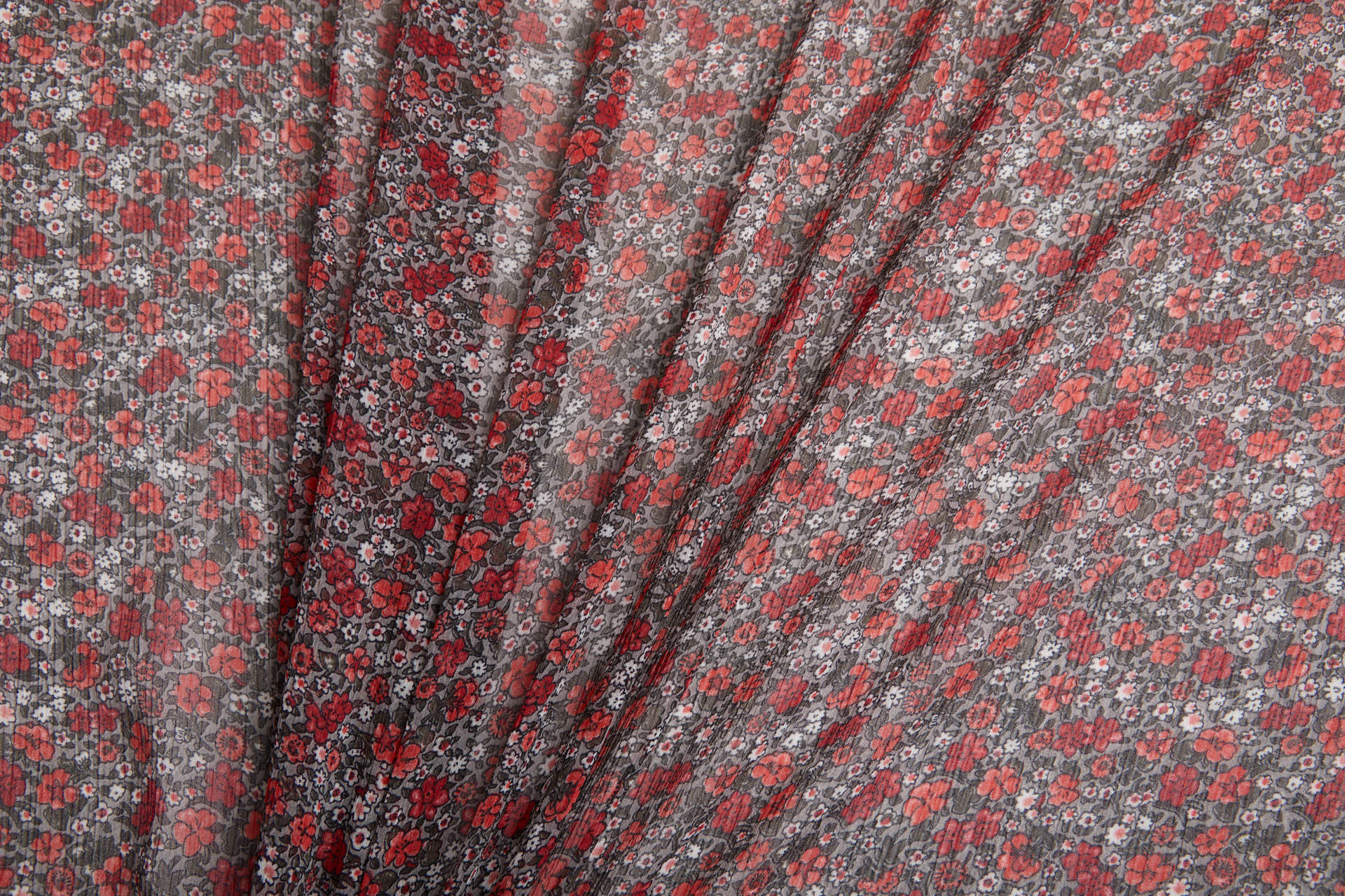 Floral Printed Chiffon - Red on Grey fabric, image 3 of 14