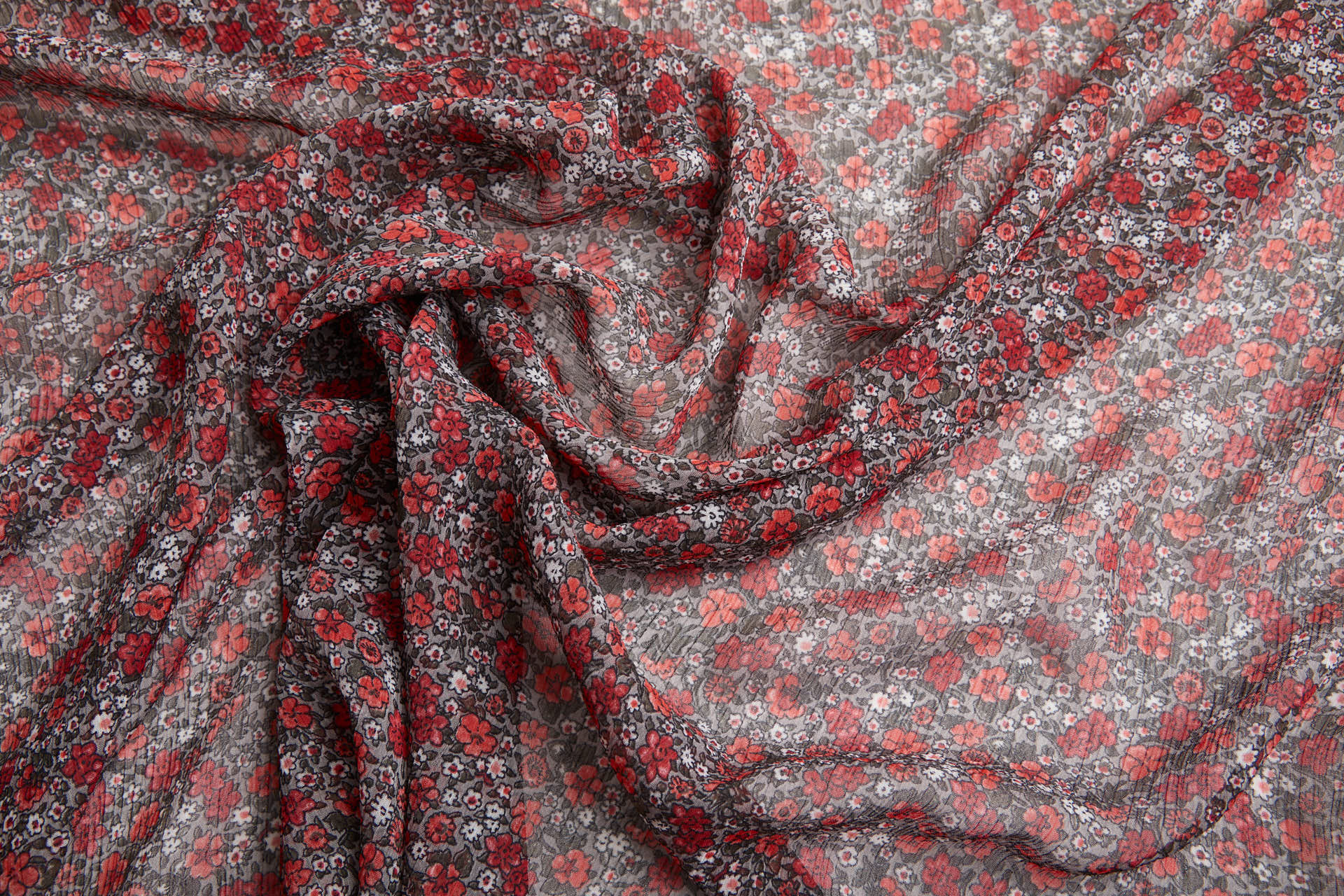 Floral Printed Chiffon - Red on Grey fabric, image 4 of 14