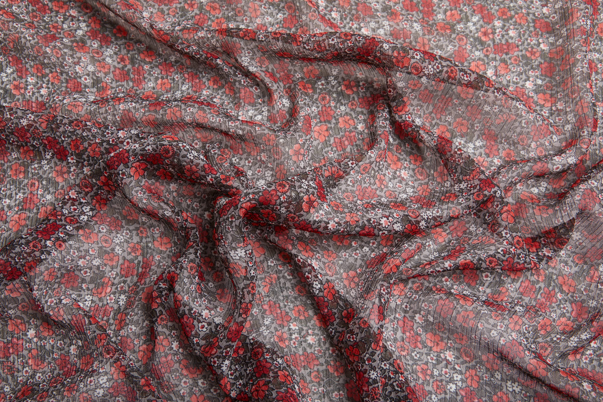 Floral Printed Chiffon - Red on Grey fabric, image 5 of 14