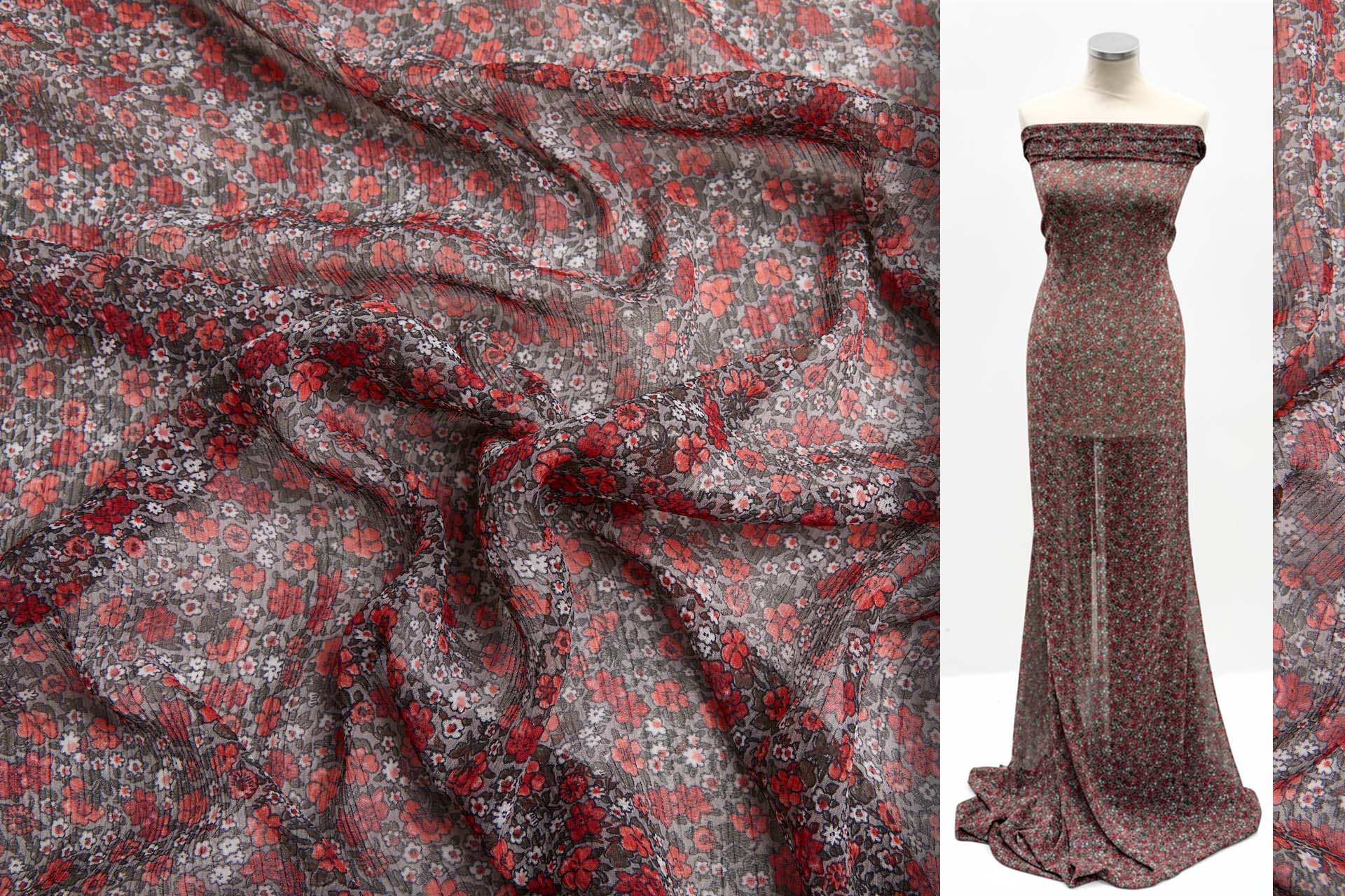 Floral Printed Chiffon - Red on Grey fabric, image 2 of 14