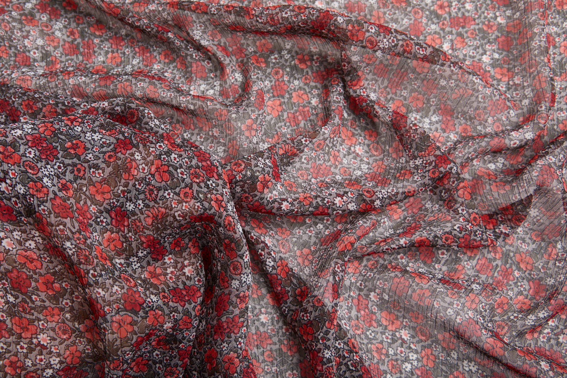 Floral Printed Chiffon - Red on Grey fabric, image 6 of 14