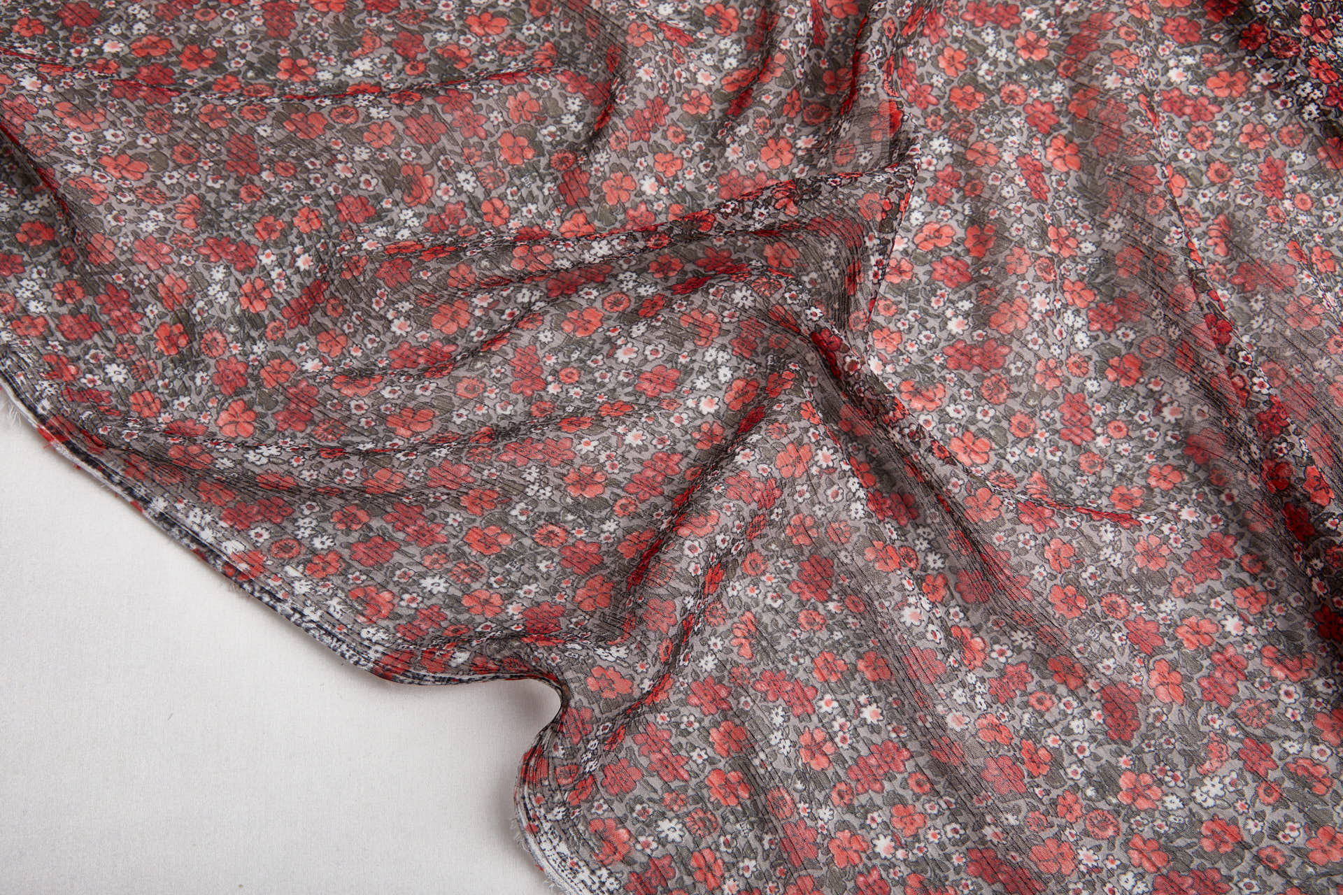 Floral Printed Chiffon - Red on Grey fabric, image 7 of 14