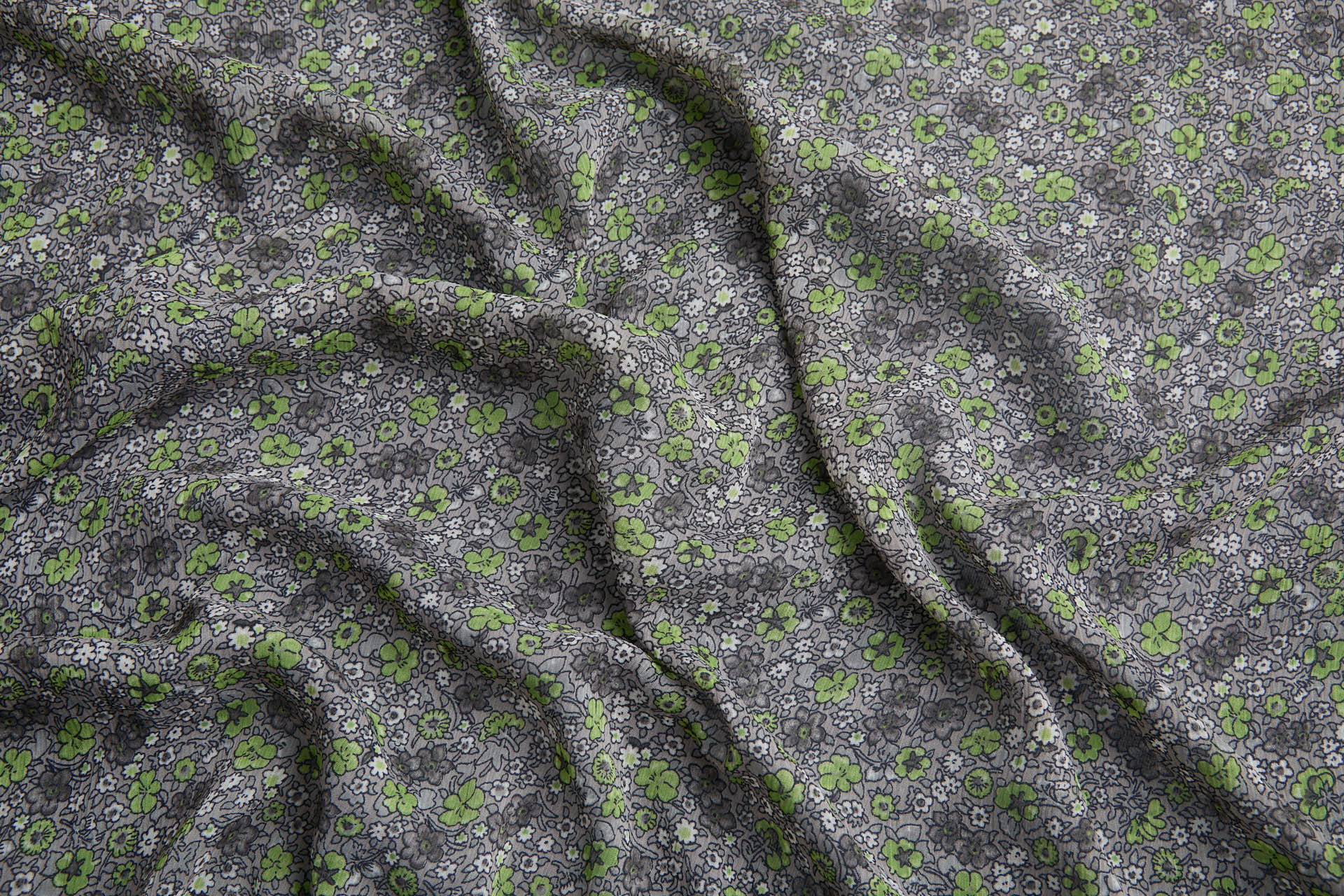 Floral Printed Chiffon - Green on Grey fabric, image 9 of 12