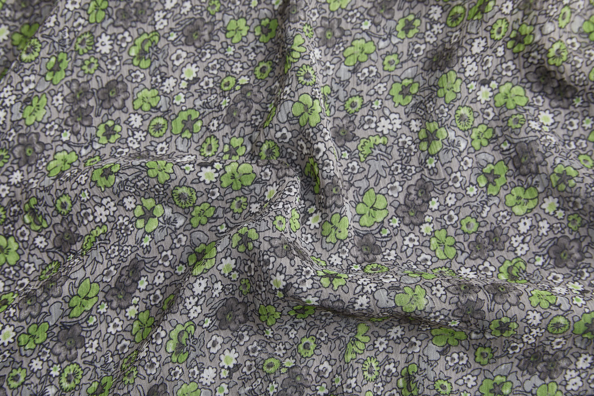 Floral Printed Chiffon - Green on Grey fabric, image 10 of 12