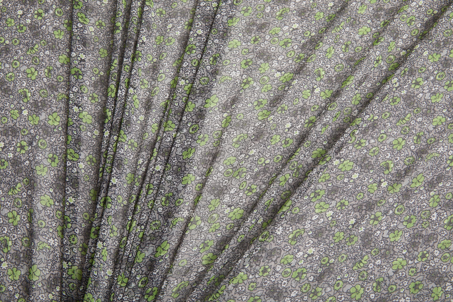 Floral Printed Chiffon - Green on Grey fabric, image 2 of 12