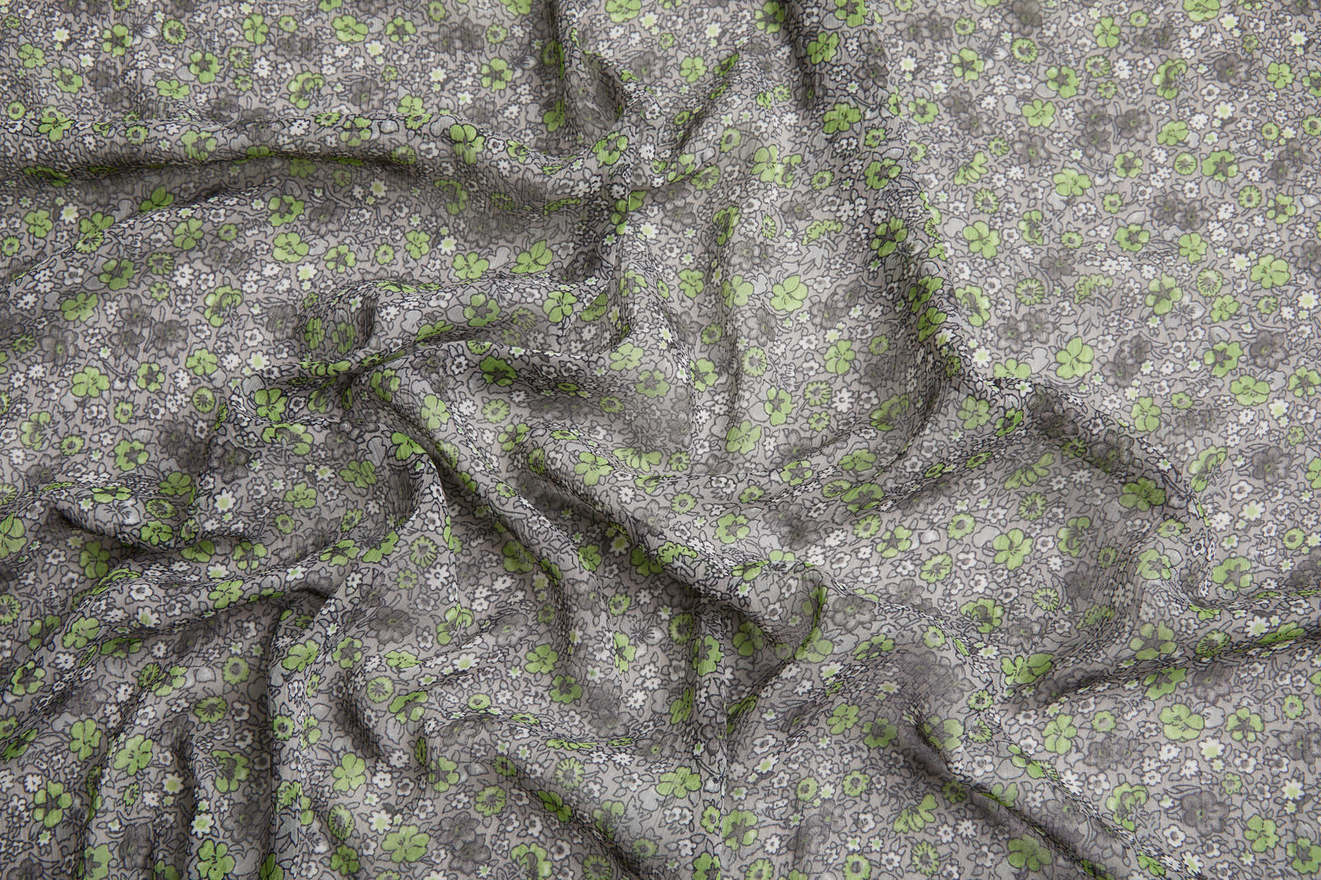 Floral Printed Chiffon - Green on Grey fabric, image 3 of 12