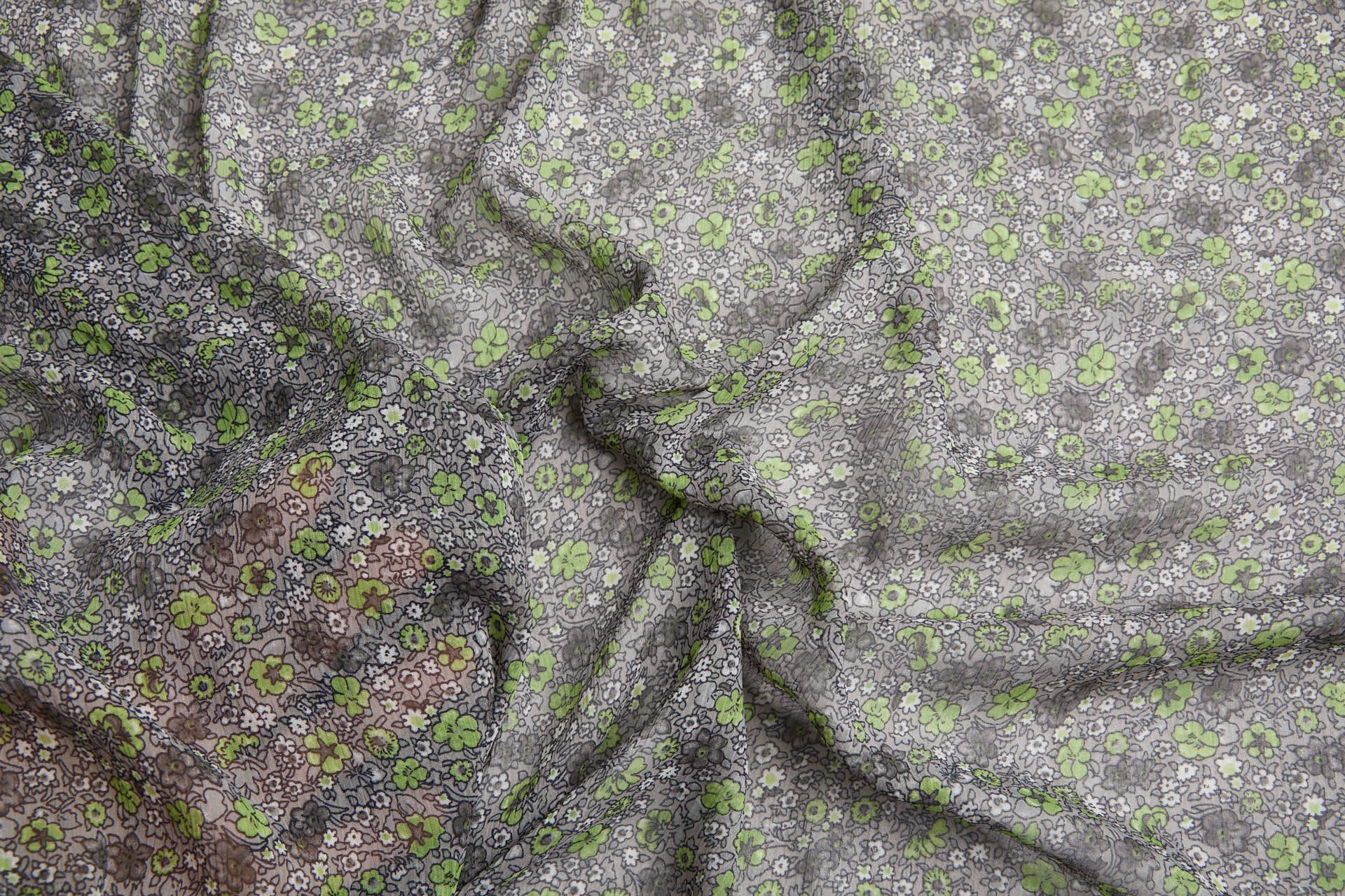Floral Printed Chiffon - Green on Grey fabric, image 4 of 12