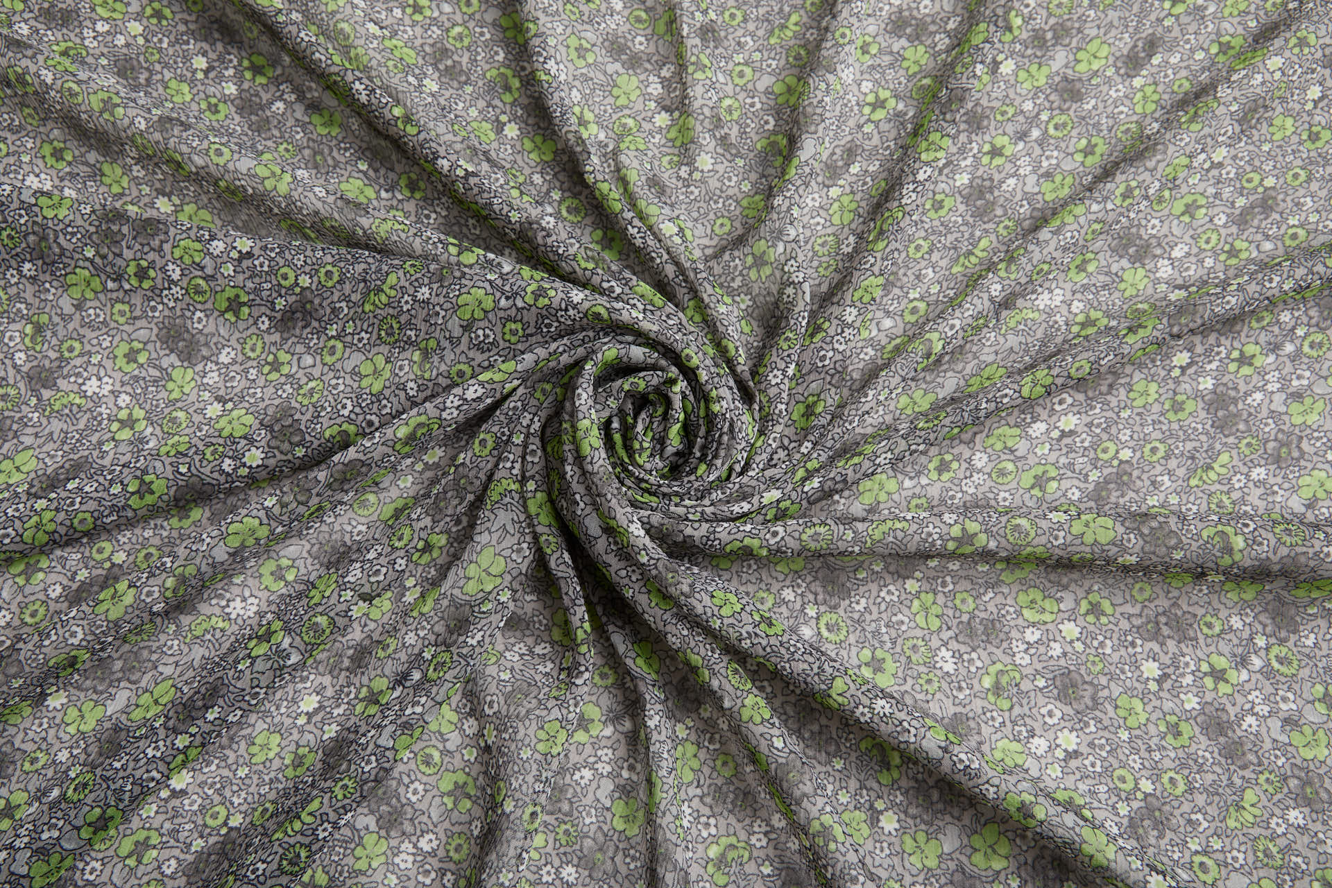 Floral Printed Chiffon - Green on Grey fabric