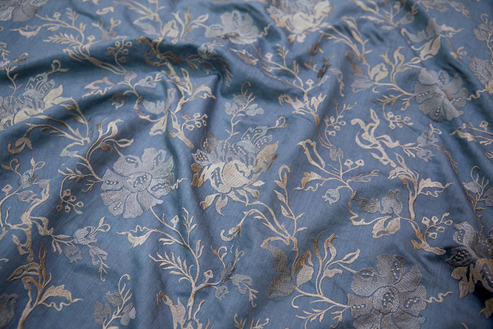 Embroidered Flowers on Greyish Blue Silk Tassar / Tussah fabric, image 2 of 10