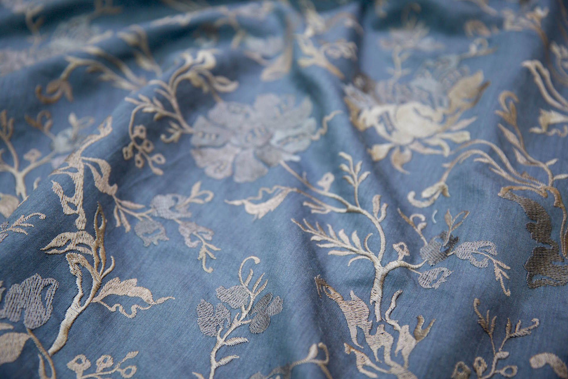 Embroidered Flowers on Greyish Blue Silk Tassar / Tussah fabric, image 3 of 10