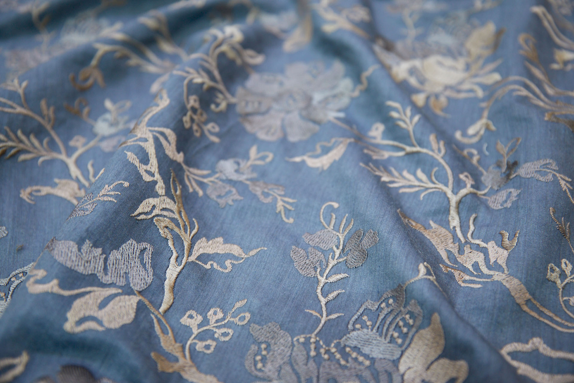 Embroidered Flowers on Greyish Blue Silk Tassar / Tussah fabric, image 4 of 10