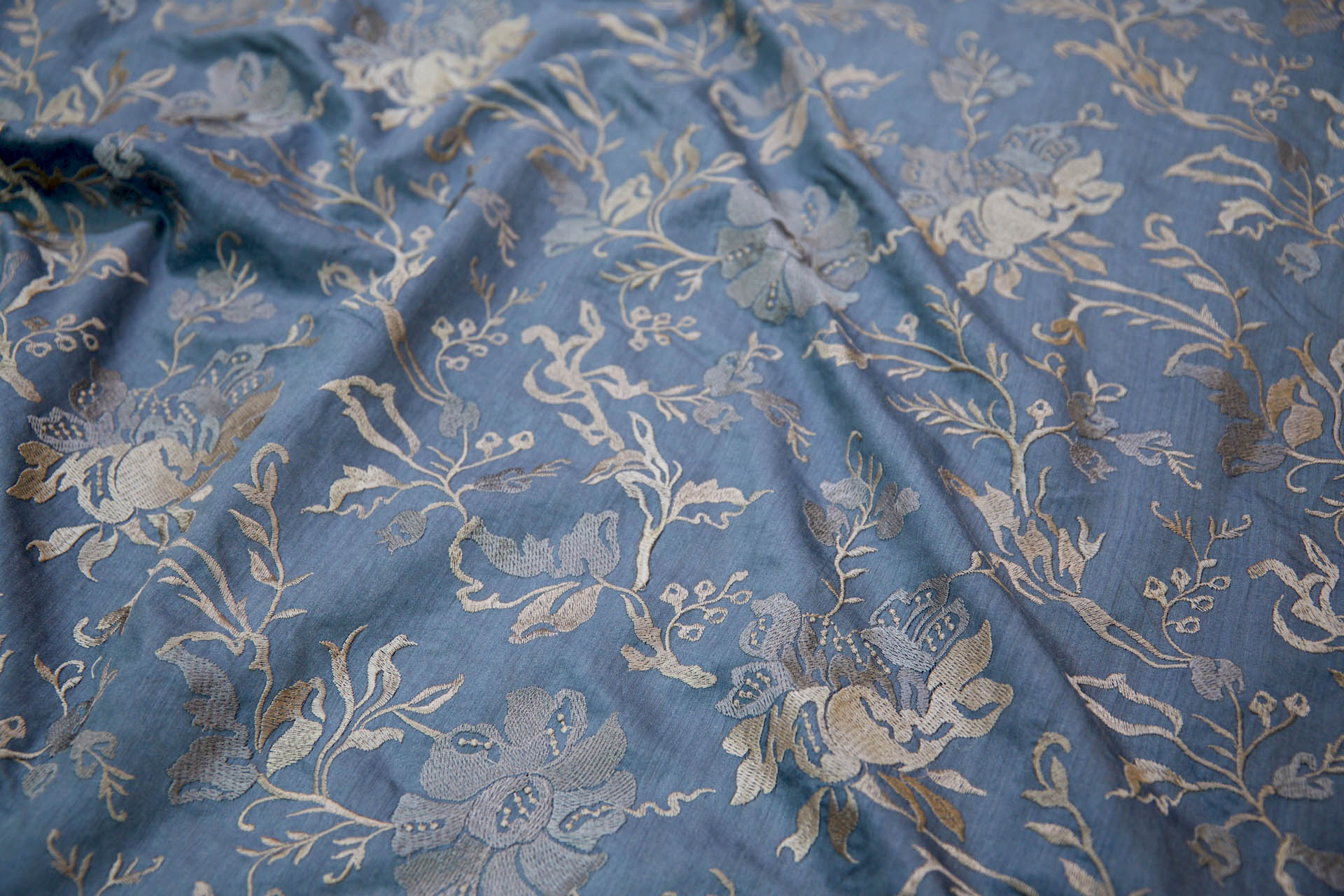Embroidered Flowers on Greyish Blue Silk Tassar / Tussah fabric, image 5 of 10