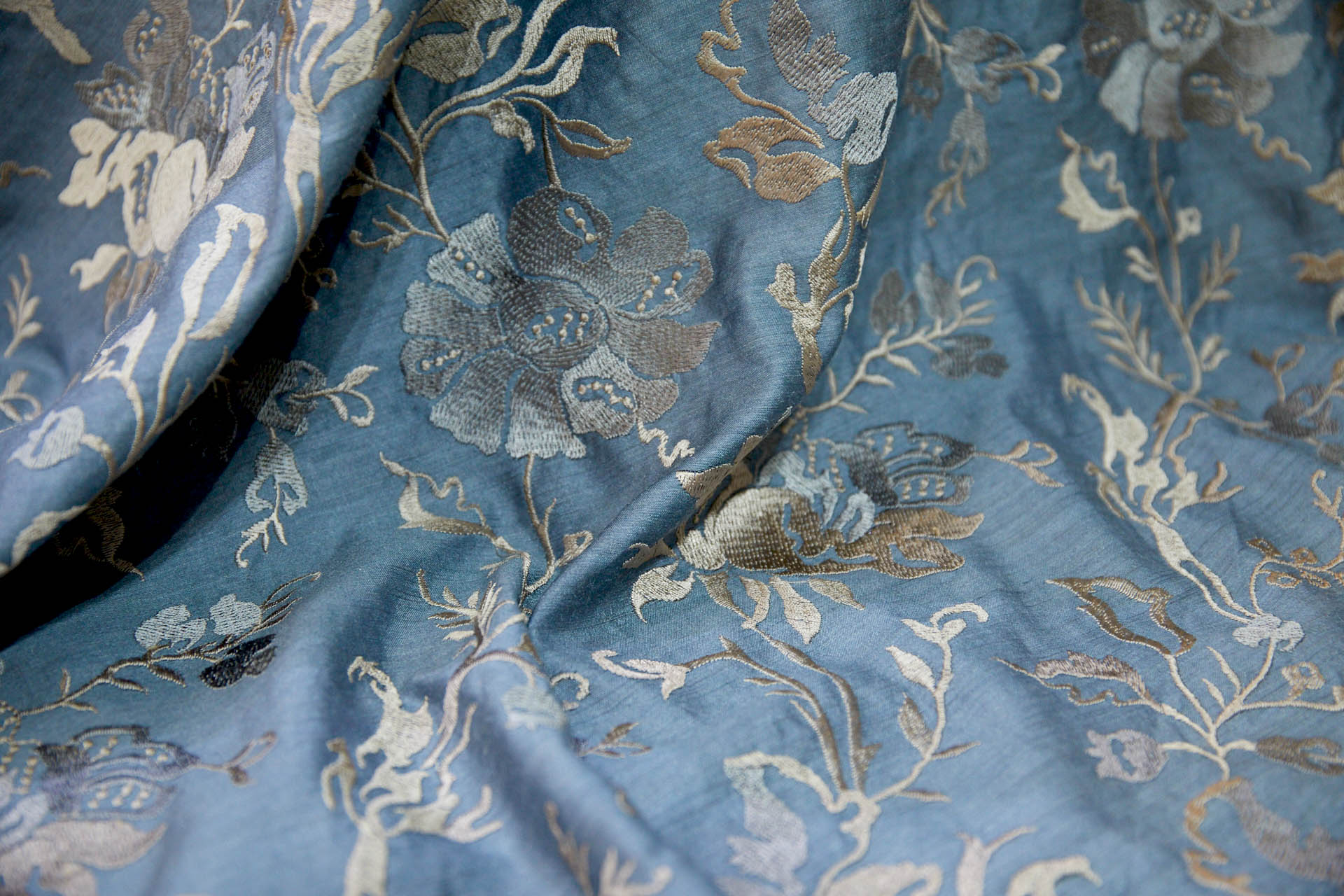 Embroidered Flowers on Greyish Blue Silk Tassar / Tussah fabric, image 6 of 10