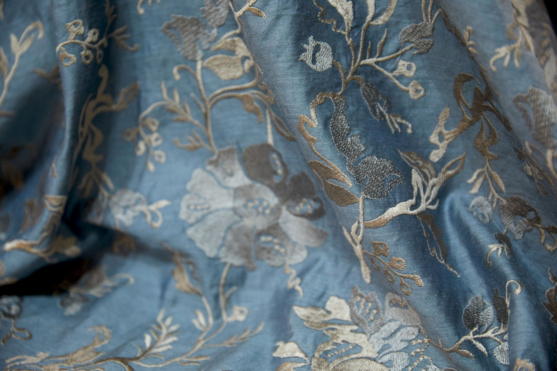 Embroidered Flowers on Greyish Blue Silk Tassar / Tussah fabric, image 7 of 10