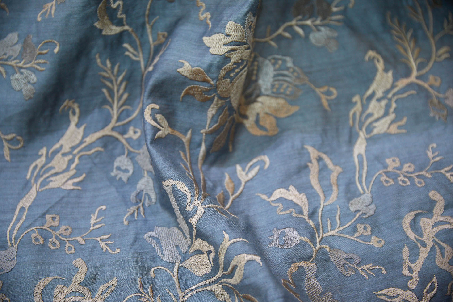 Embroidered Flowers on Greyish Blue Silk Tassar / Tussah fabric, image 8 of 10