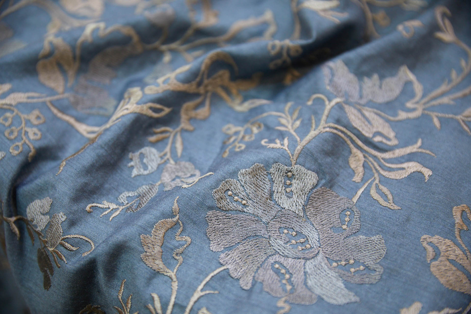 Embroidered Flowers on Greyish Blue Silk Tassar / Tussah fabric, image 9 of 10
