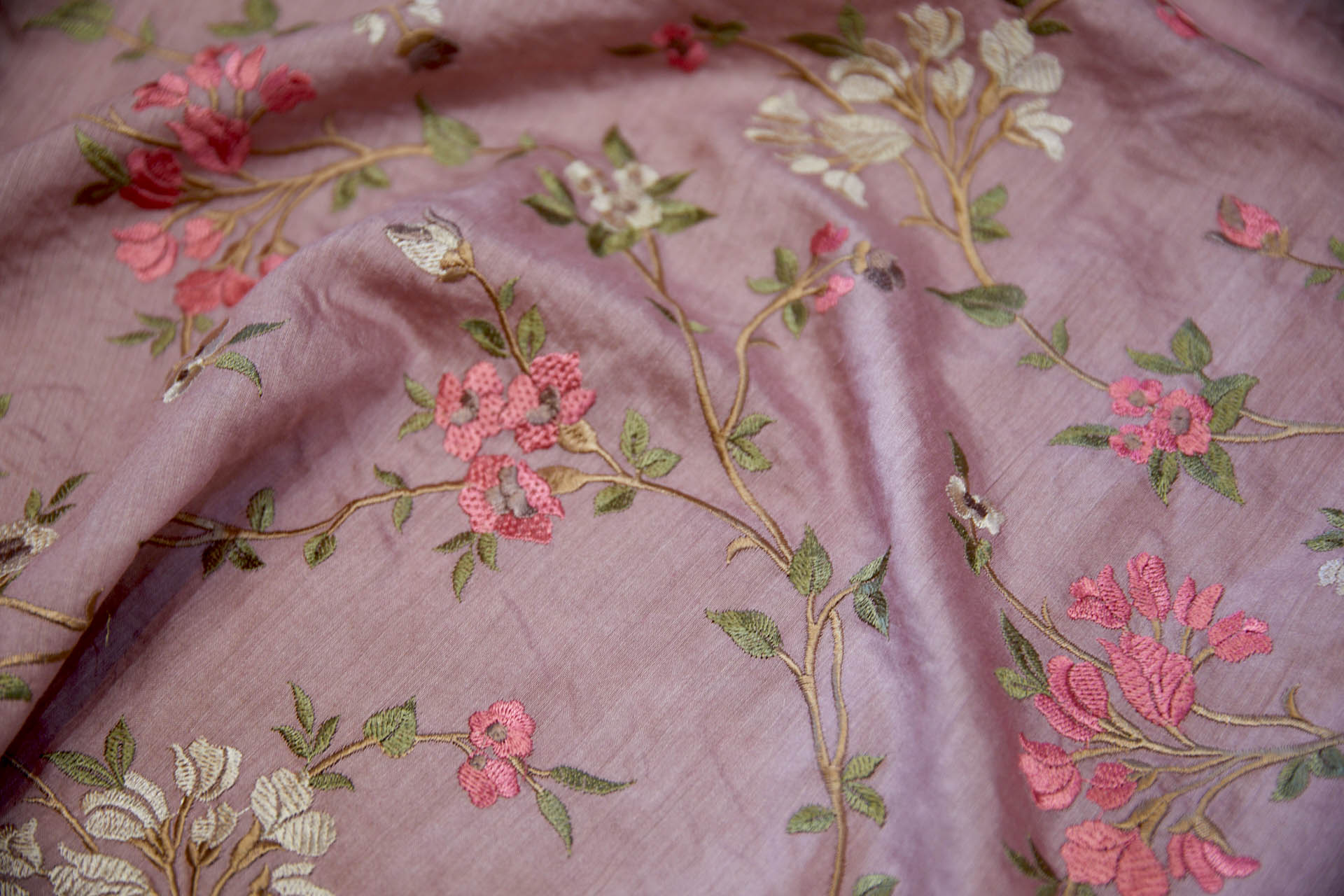 Embroidered Flowers on Dusty Pink Silk Tassar / Tussah fabric, image 3 of 11