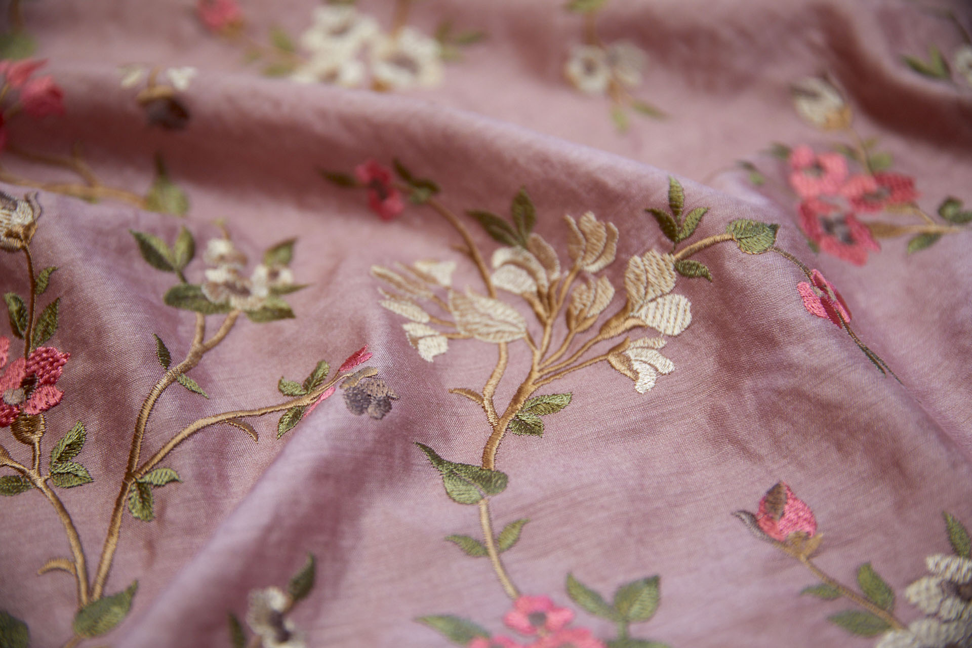 Embroidered Flowers on Dusty Pink Silk Tassar / Tussah fabric, image 4 of 11