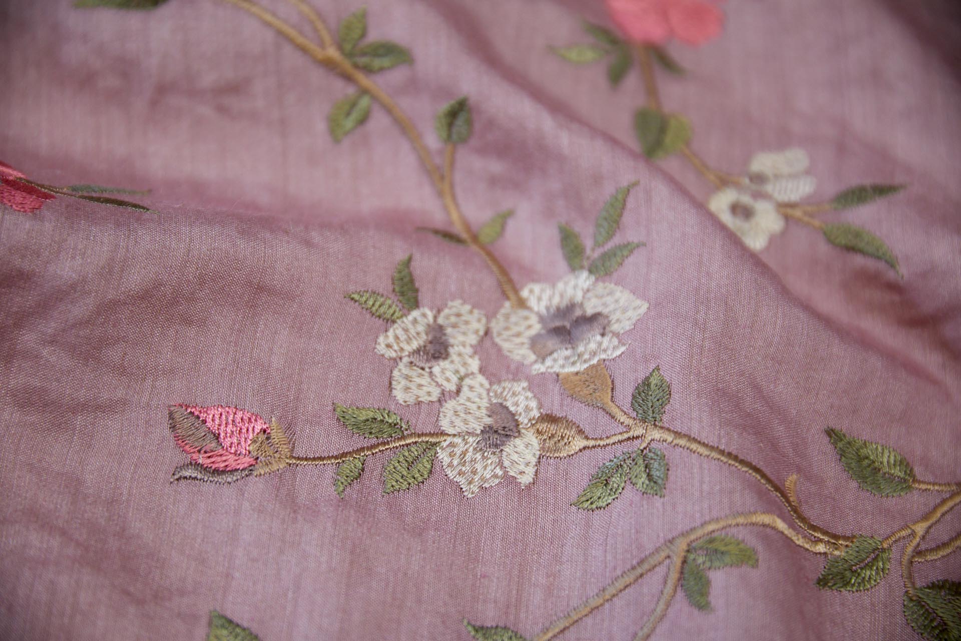 Embroidered Flowers on Dusty Pink Silk Tassar / Tussah fabric, image 7 of 11