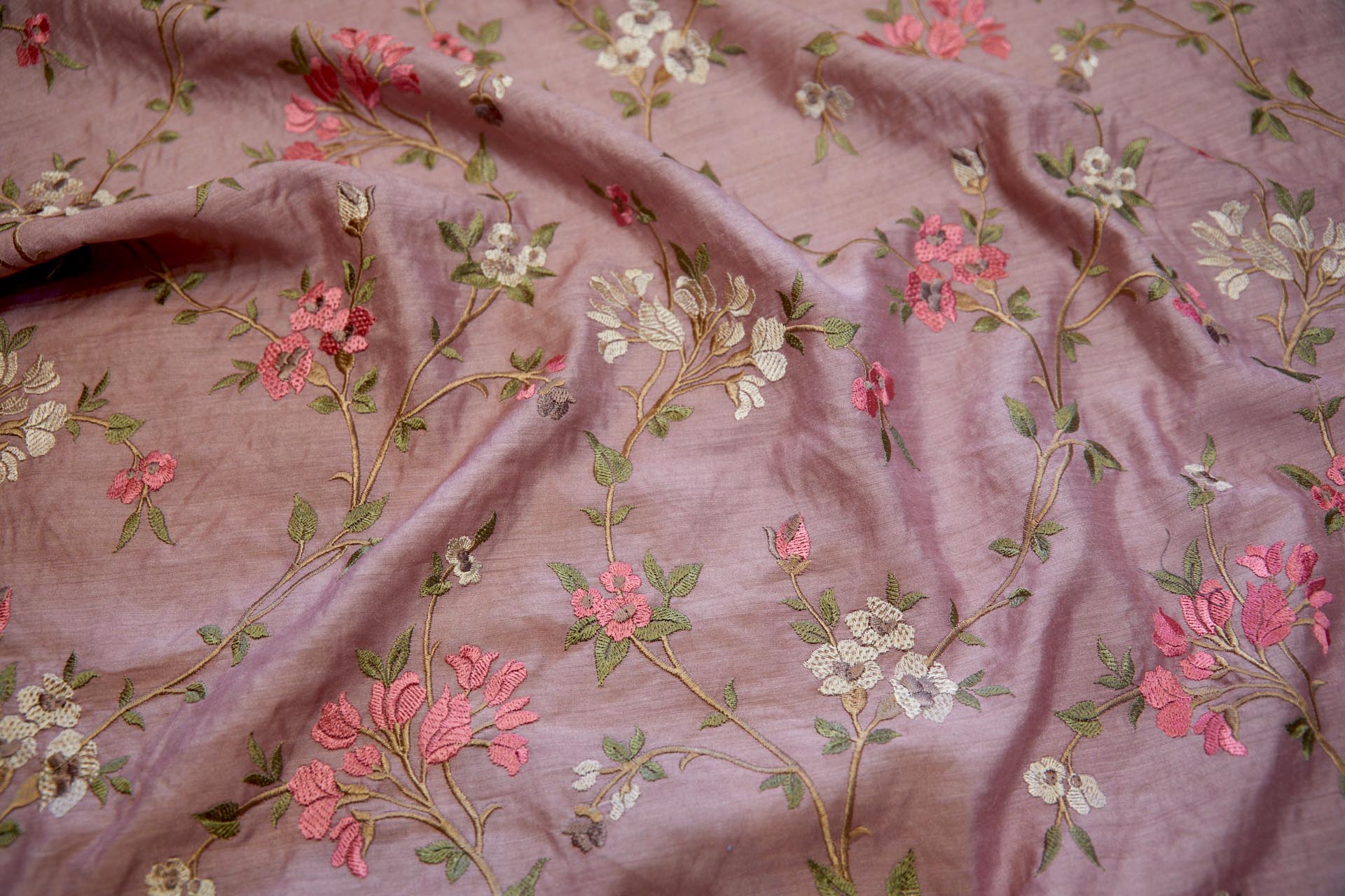 Embroidered Flowers on Dusty Pink Silk Tassar / Tussah fabric, image 8 of 11