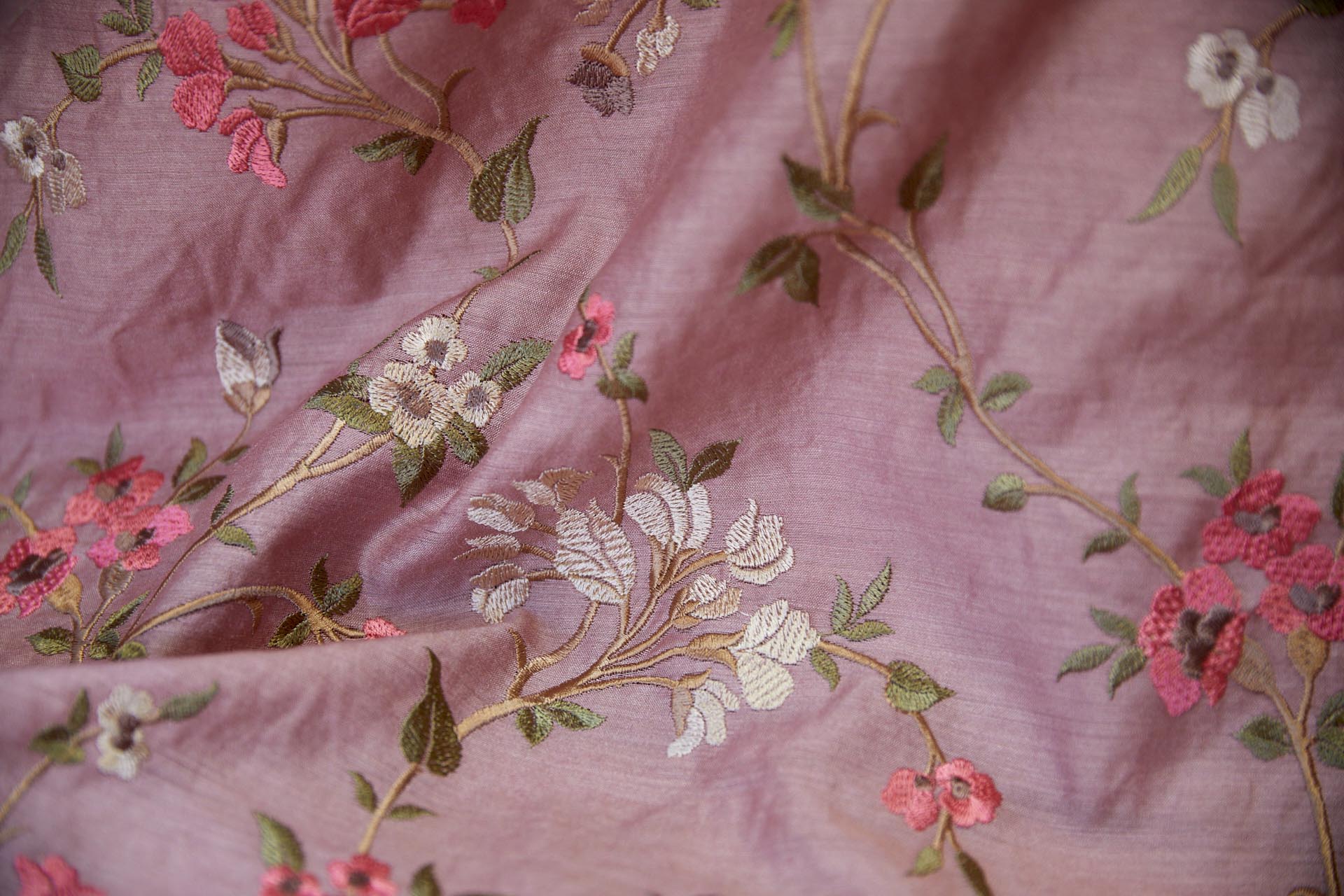 Embroidered Flowers on Dusty Pink Silk Tassar / Tussah fabric