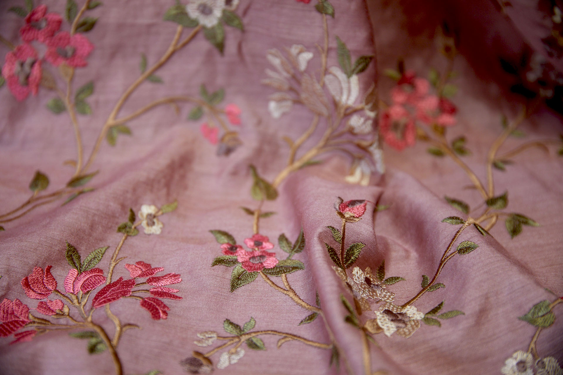 Embroidered Flowers on Dusty Pink Silk Tassar / Tussah fabric, image 9 of 11