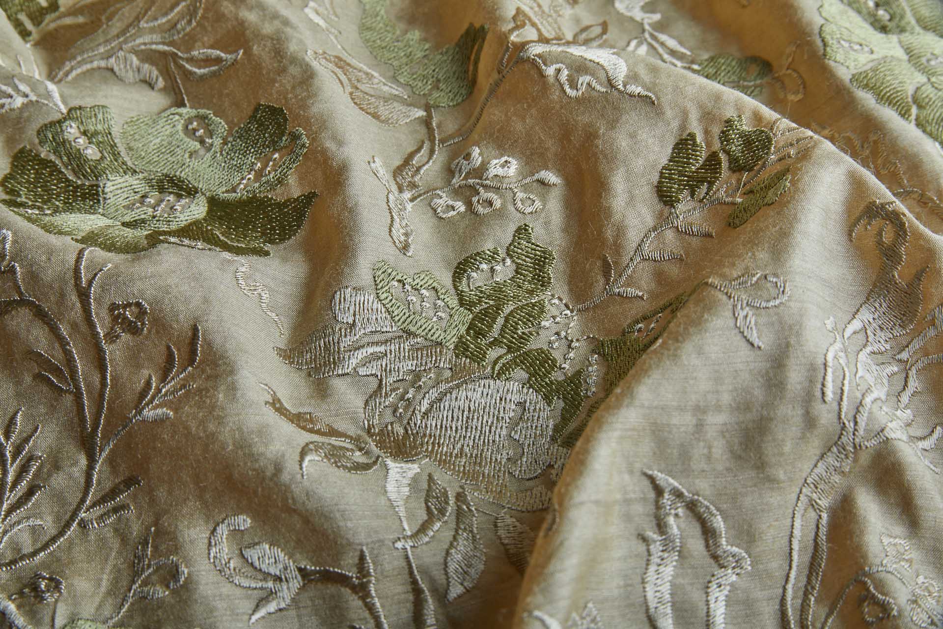 Embroidered Large Flowers on Sandy Yellow Silk Tassar / Tussah fabric